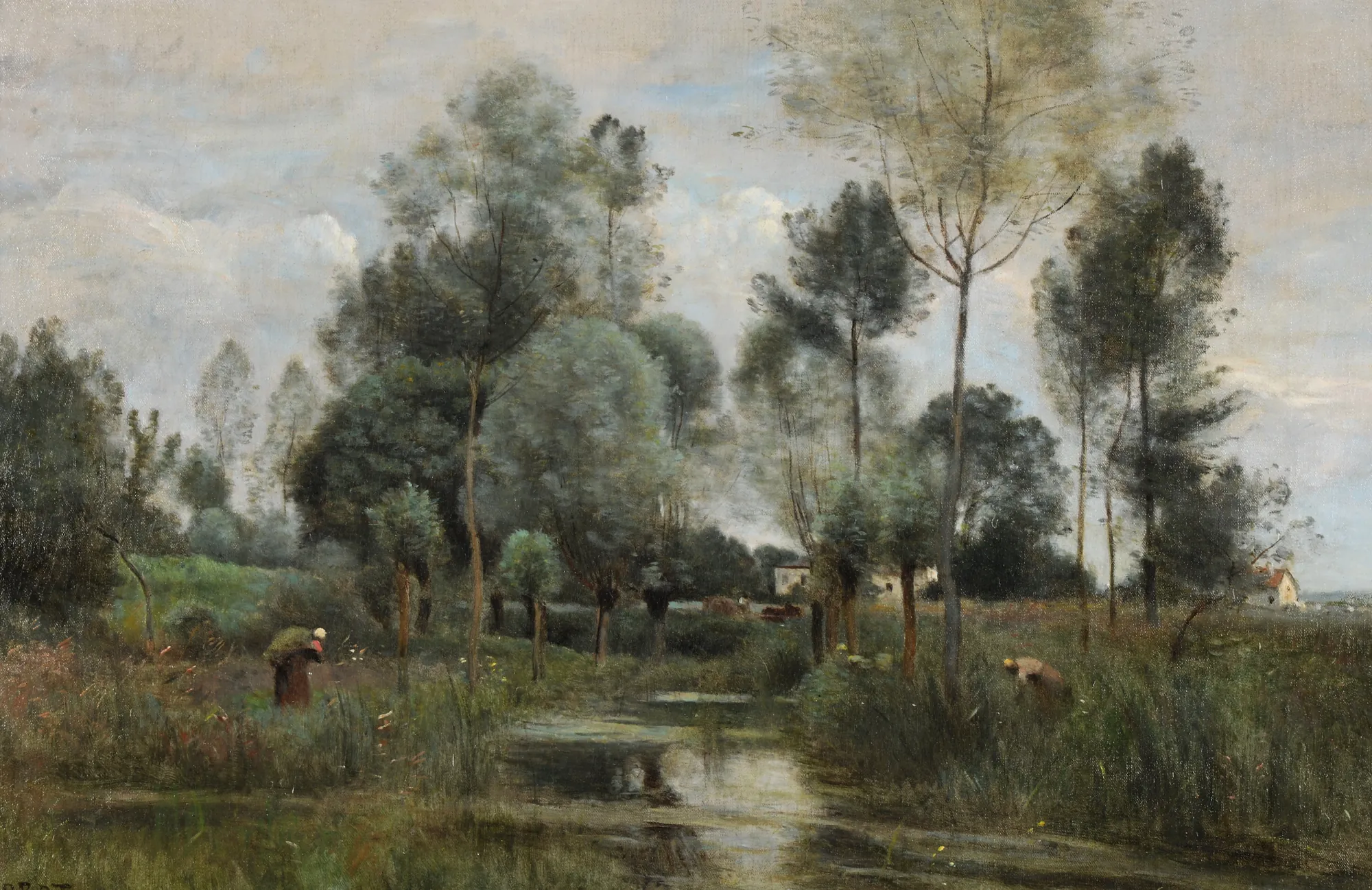Printemps, La Saulaie Printemps, La Saulaie by Jean-Baptiste Camille Corot. A soft, atmospheric landscape depicting a cluster of tall willow trees reflected in a calm pond, with figures working in the fields under a pale, overcast sky.