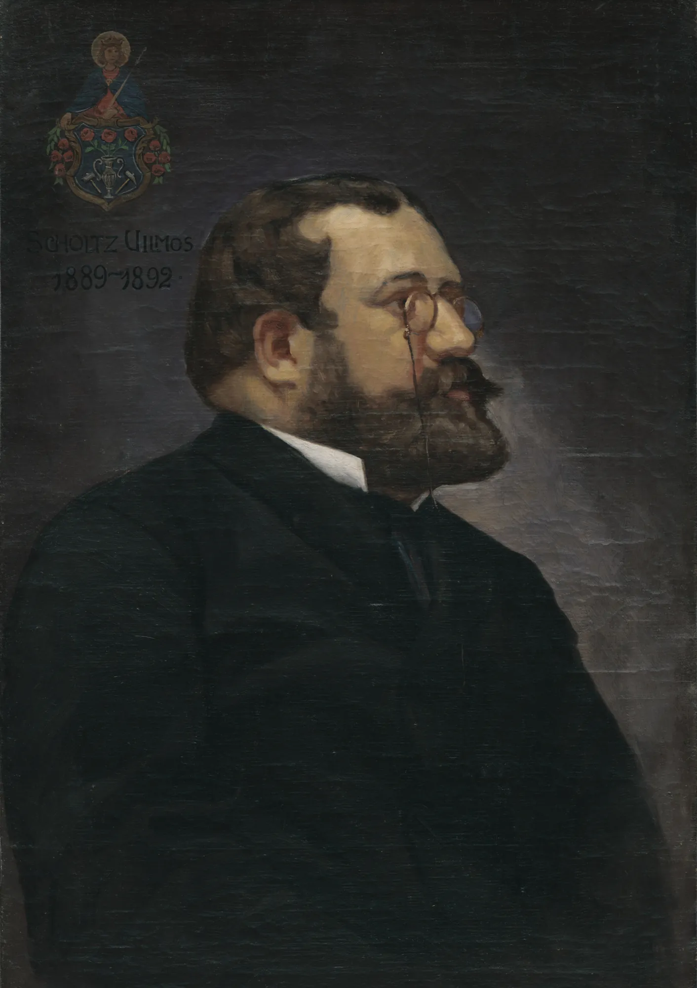 Portrait of Viliam Scholtz Portrait of Viliam Scholtz by Jozef Hanula. A profile portrait of a bearded man wearing pince-nez glasses, set against a dark background with a heraldic crest.