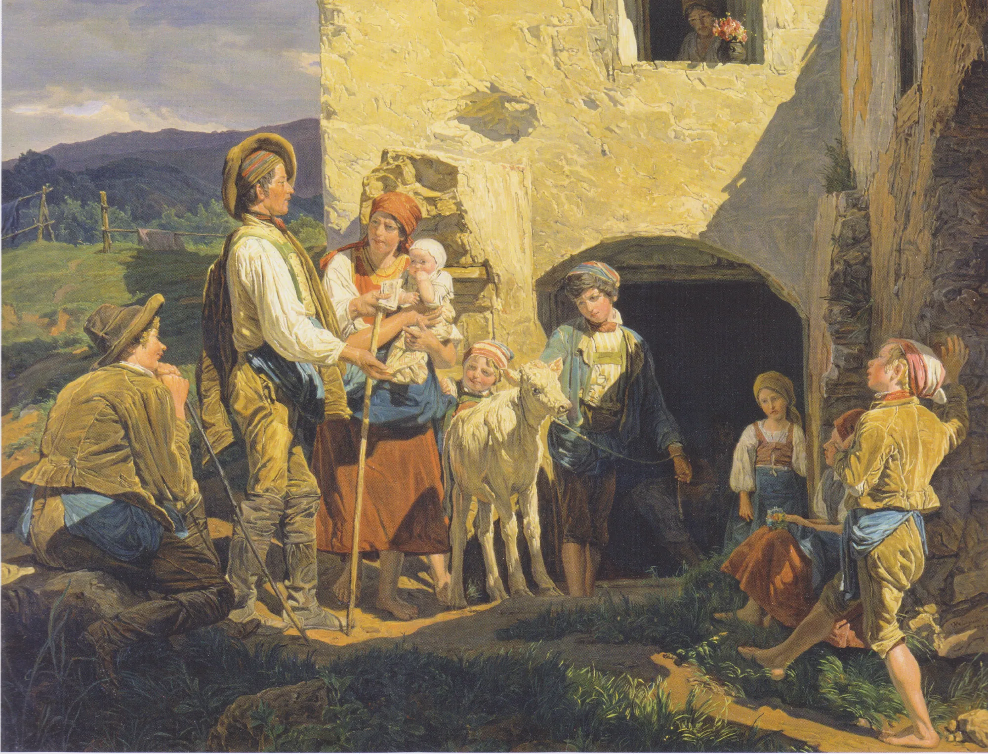 The Forced Sale (Der Notverkauf) The Forced Sale (Der Notverkauf) by Ferdinand Georg Waldmüller. A group of rural villagers, including men, women, and children, gather around a young white calf near a stone building.