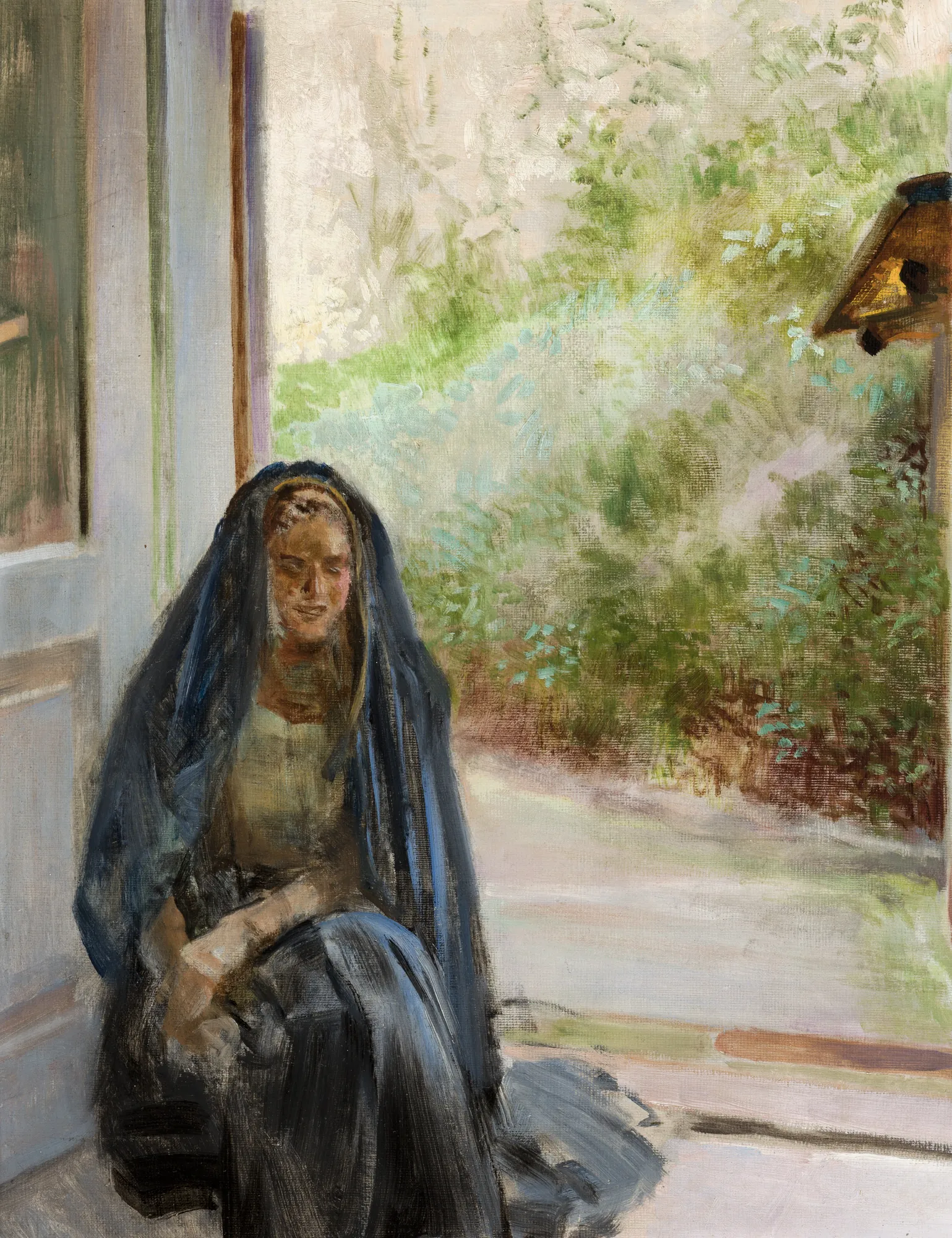 My Models My Models by Jacek Malczewski. A woman wearing a dark blue veil sits in a doorway, silhouetted against a bright, sun-drenched garden.
