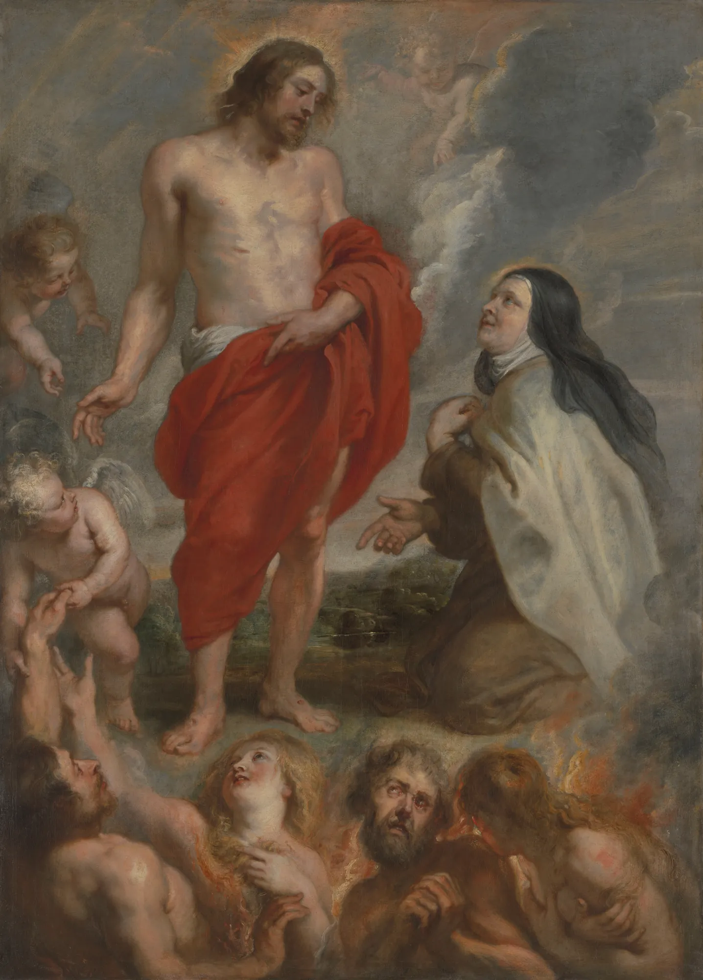 Saint Teresa of Avila Saint Teresa of Avila by Peter Paul Rubens. Christ stands draped in a red cloak beside the kneeling Saint Teresa of Avila, who intercedes for souls rising from purgatory below.