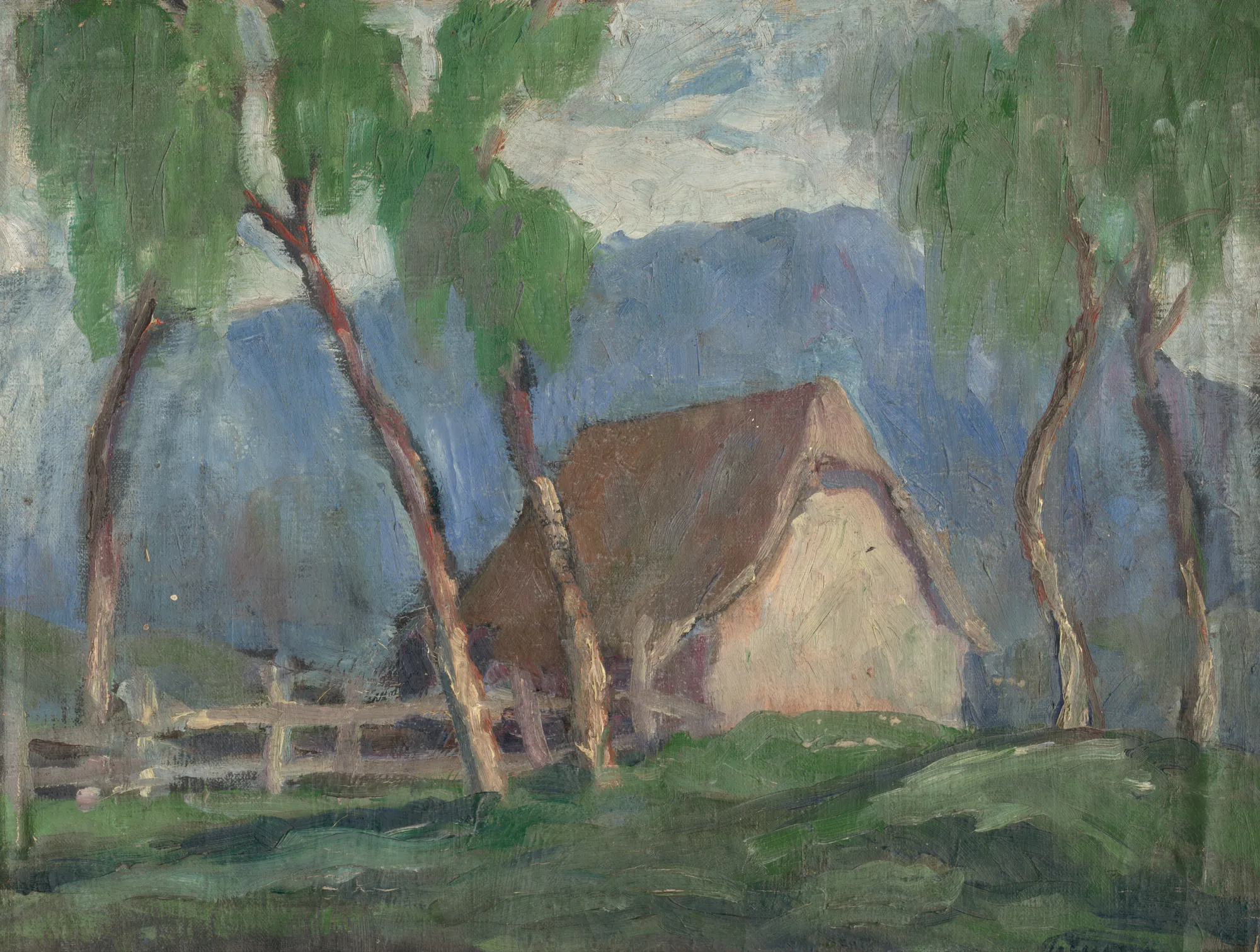 Landscape with Birches Landscape with Birches by Zoltán Palugyay. An impressionistic landscape featuring a small, brown-roofed cottage nestled among slender birch trees against a backdrop of blue mountains.