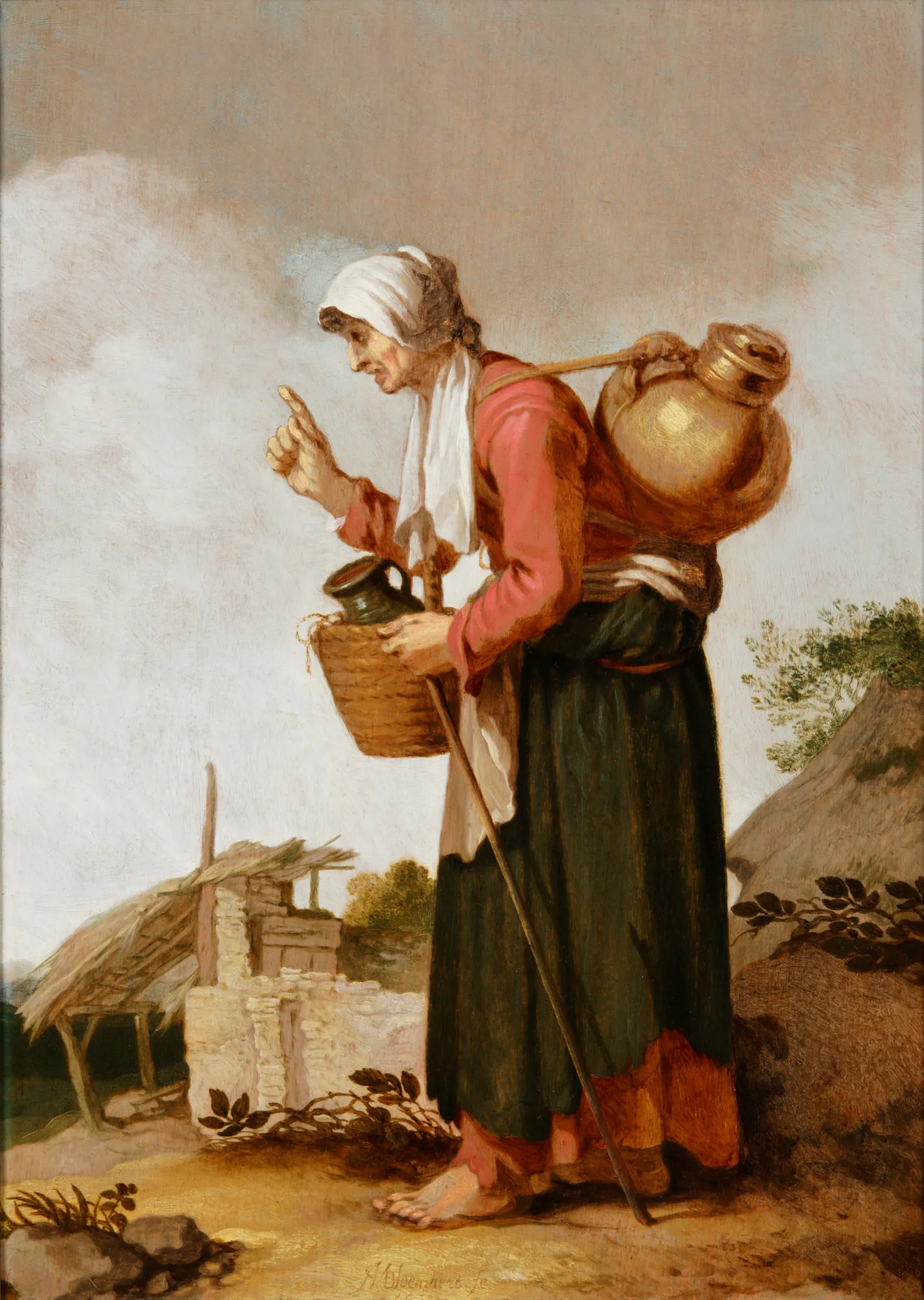 Peasant Woman (Boerin) Peasant Woman (Boerin) by Abraham Bloemaert. A profile depiction of an elderly woman in rustic attire carrying a large copper vessel on her back and a basket, walking through a landscape.