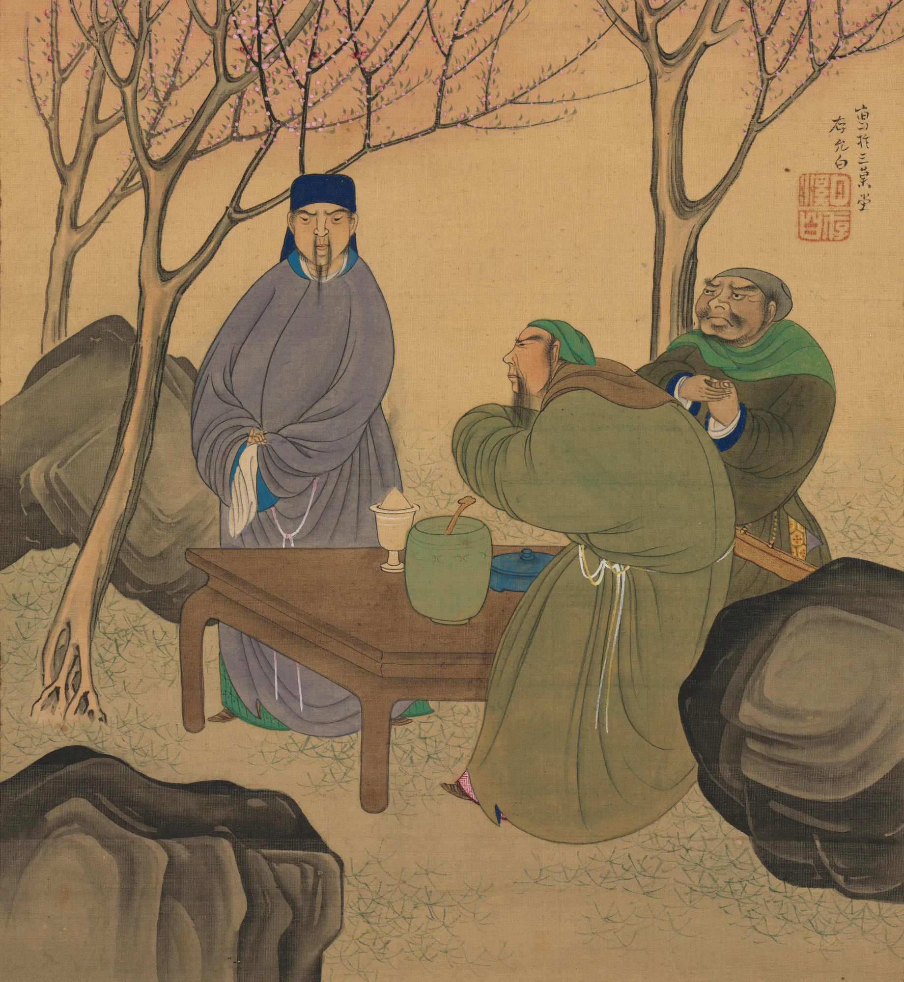 Romance of the Three Kingdoms Romance of the Three Kingdoms by Matsumura Goshun. Three men in traditional East Asian robes gather around a low table beneath blossoming cherry trees and large grey boulders.