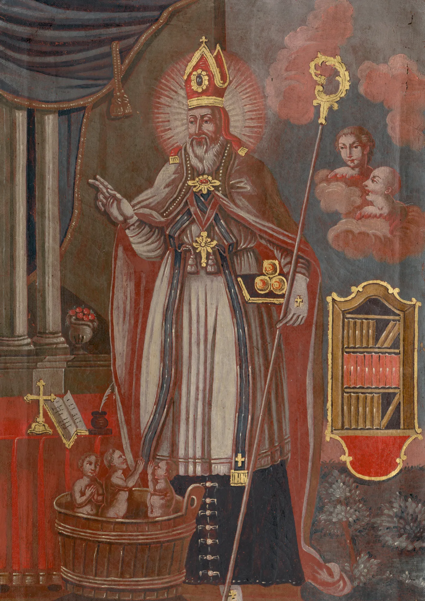 Saint Nicholas Saint Nicholas by Unknown Artist. A folk painting depicting Saint Nicholas in bishop's robes, holding a crosier and standing beside a wooden tub containing three children.
