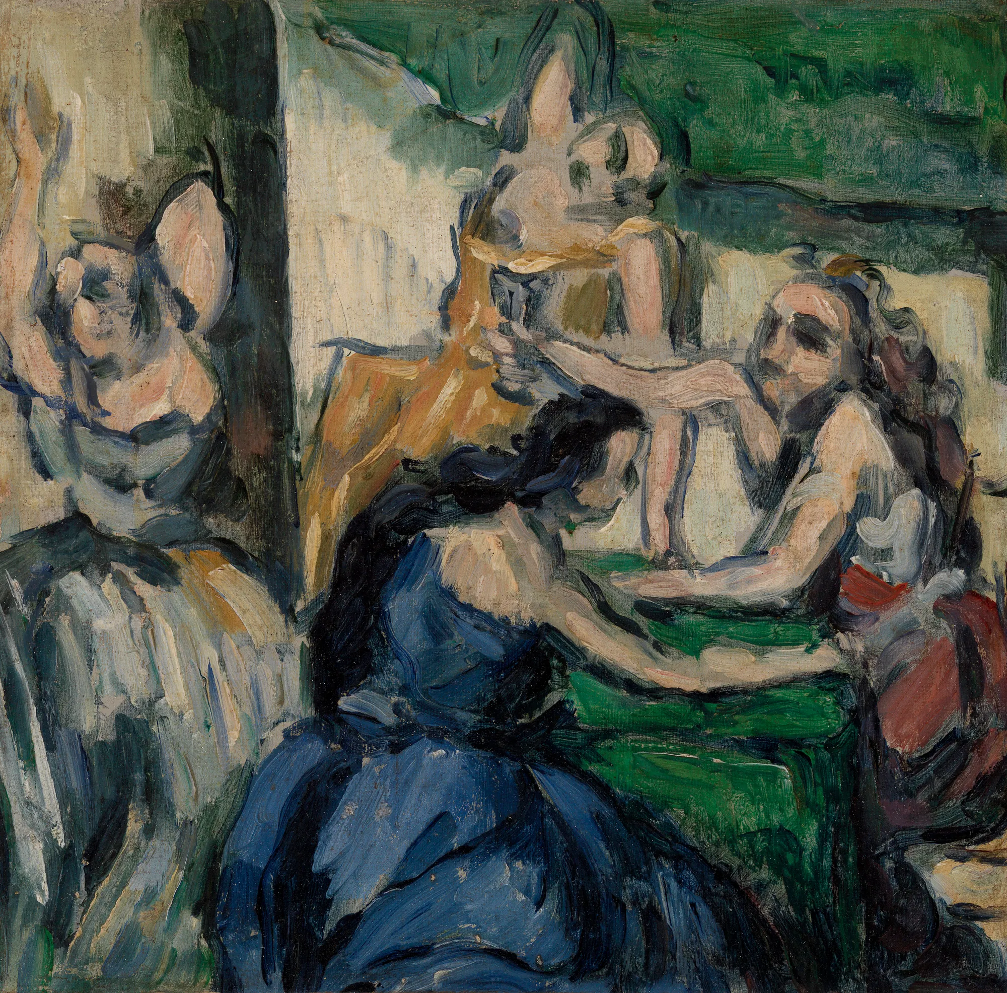 The Courtesans (Les Courtisanes) The Courtesans (Les Courtisanes) by Paul Cézanne. An expressive oil painting depicting a group of figures rendered with thick, dark brushstrokes and earthy tones against a neutral background.
