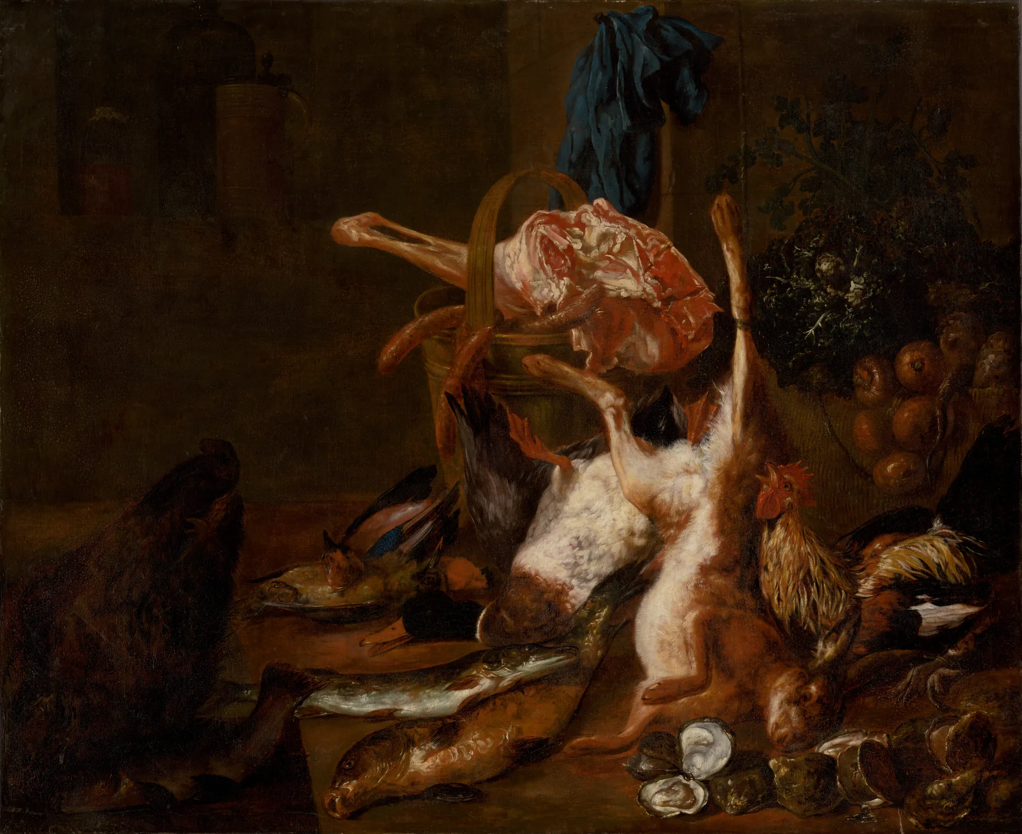 Still Life with Game Still Life with Game by Pieter Boel. A dark-toned Baroque still life featuring a hanging hare, poultry, fish, oysters, and meat in a wicker basket.