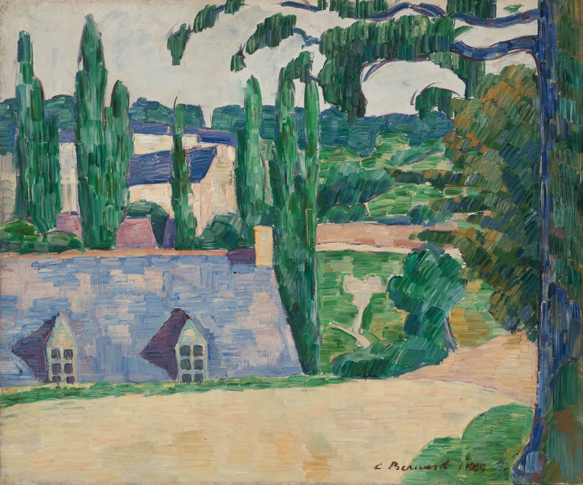 Landscape at Pont-Aven Landscape at Pont-Aven by Émile Bernard. A view of a building with a blue-grey roof and dormer windows seen through a screen of tall cypress trees and overhanging branches.