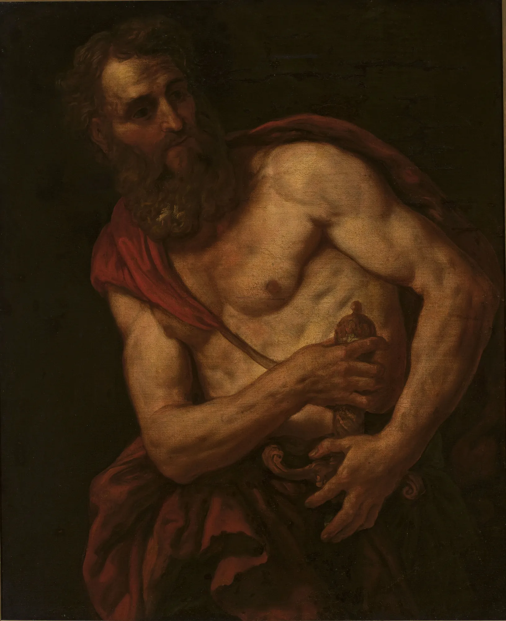 Saint Paul Saint Paul by Johann Carl Loth. A powerful, bearded man with a bare chest and a red cloak, clutching a sword against a deep, dark background.