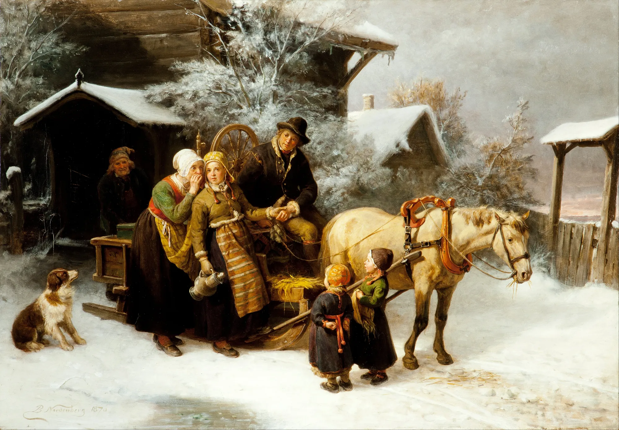 Leaving Home Leaving Home by Bengt Nordenberg. A 19th-century genre painting depicting a young man preparing to leave his family on a horse-drawn sleigh in a snowy village.