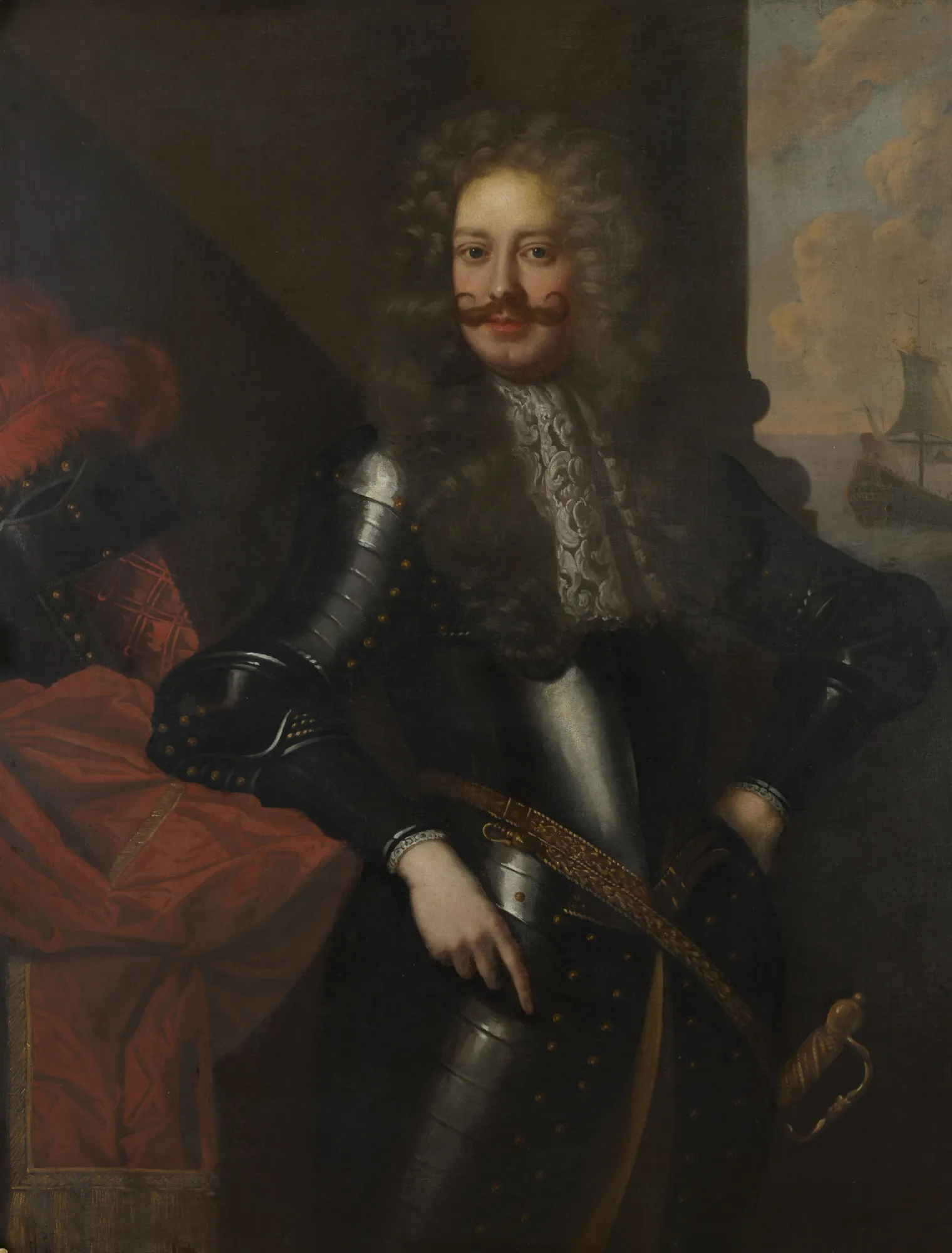 Sir James Brydges, 8th Baron Chandos Sir James Brydges, 8th Baron Chandos by Unknown Artist. A three-quarter length portrait of a man in dark polished armor with a lace cravat and large wig, standing before a stone pillar with a ship in the distance.