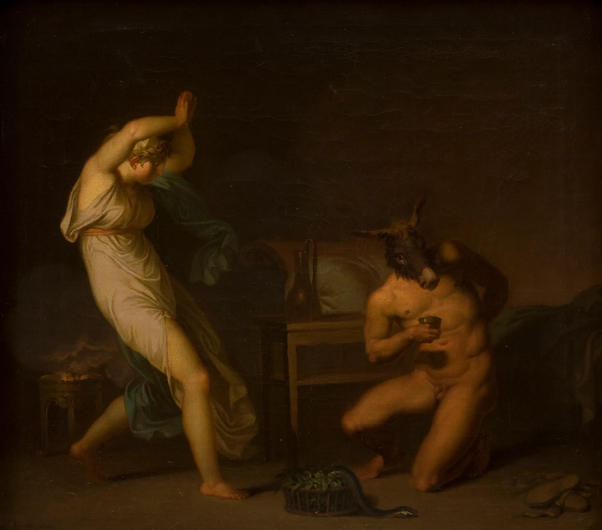 Fotis and Lucius Transformed into an Ass Fotis and Lucius Transformed into an Ass by Nicolai Abildgaard. A woman in white classical robes gestures in shock toward a man with the head of a donkey who kneels in a dark, atmospheric interior.