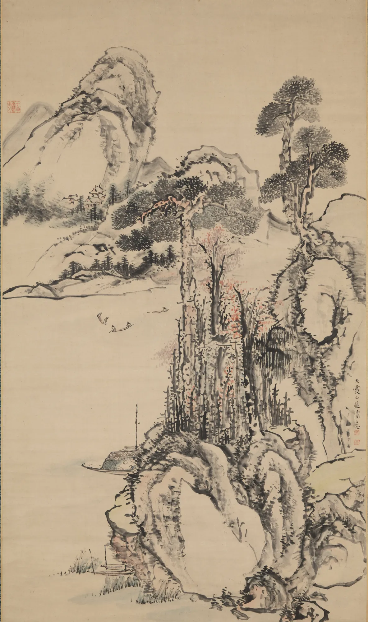 Landscape with River View Landscape with River View by Ike no Taiga. A vertical ink-and-wash landscape featuring craggy mountain peaks, tall pine trees, and small figures in boats on a calm river.