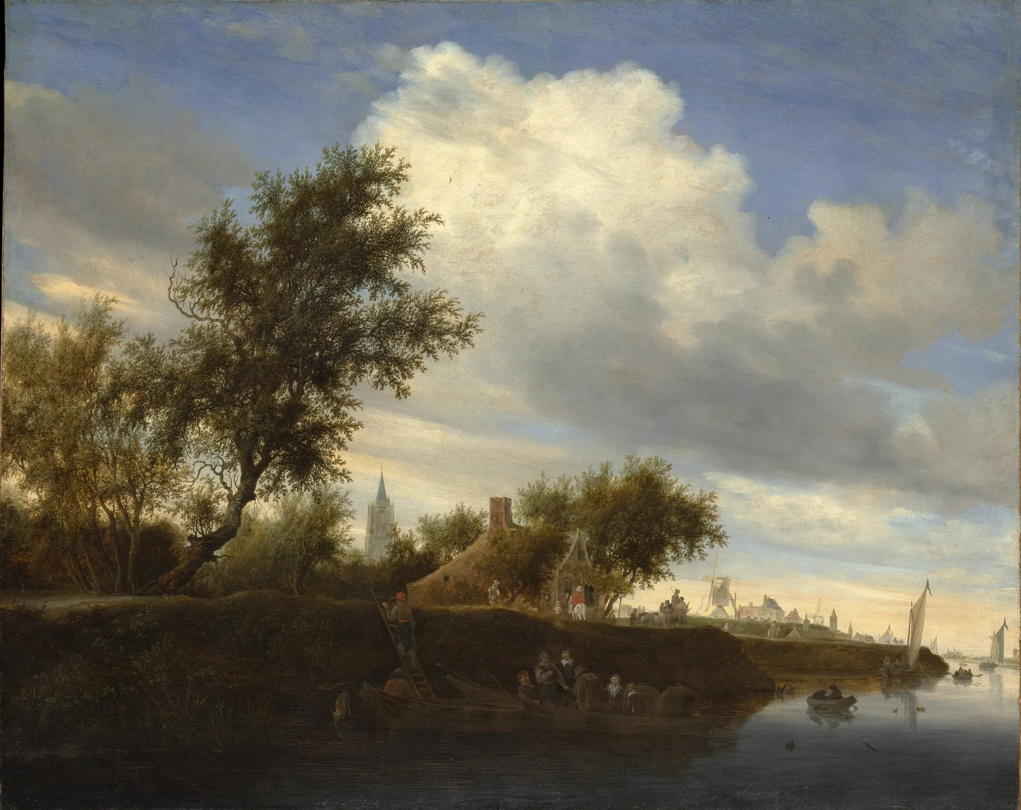 Ferry near Gorinchem Ferry near Gorinchem by Salomon van Ruysdael. A ferry boat laden with passengers prepares to depart from a riverbank beneath a towering expanse of white clouds and a distant church spire.