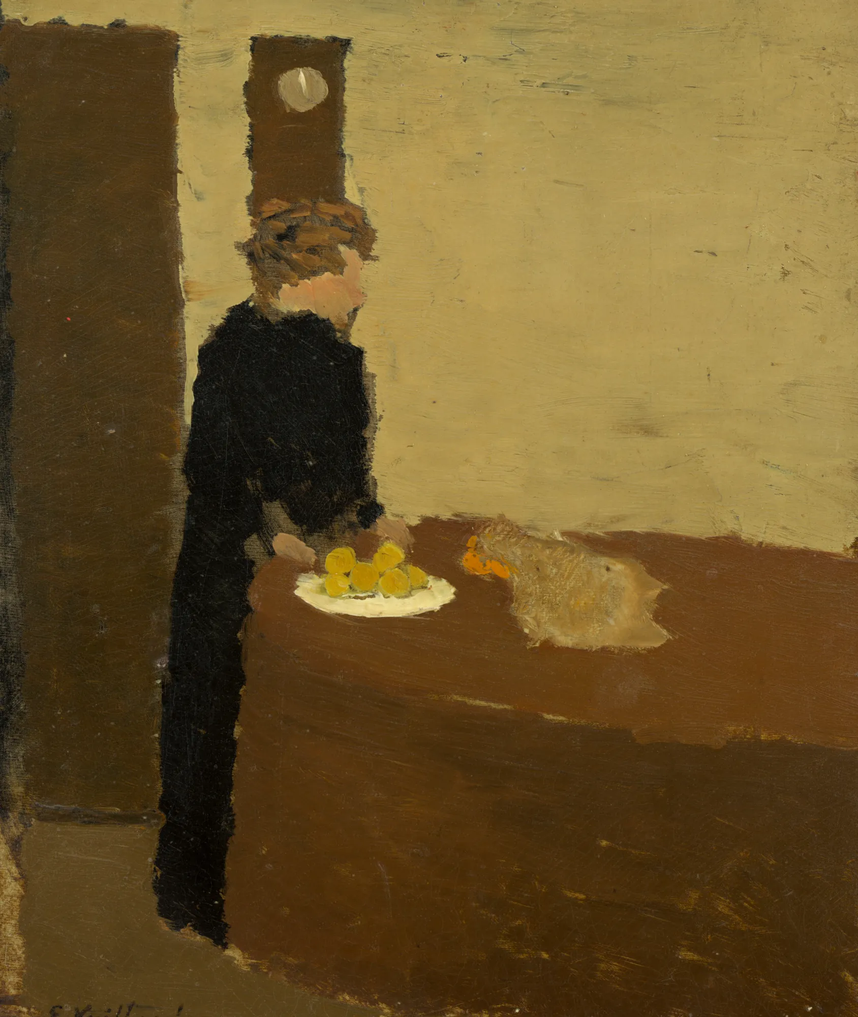 Woman in Black Woman in Black by Édouard Vuillard. A woman in a long black dress stands beside a brown table set with a plate of yellow fruit.