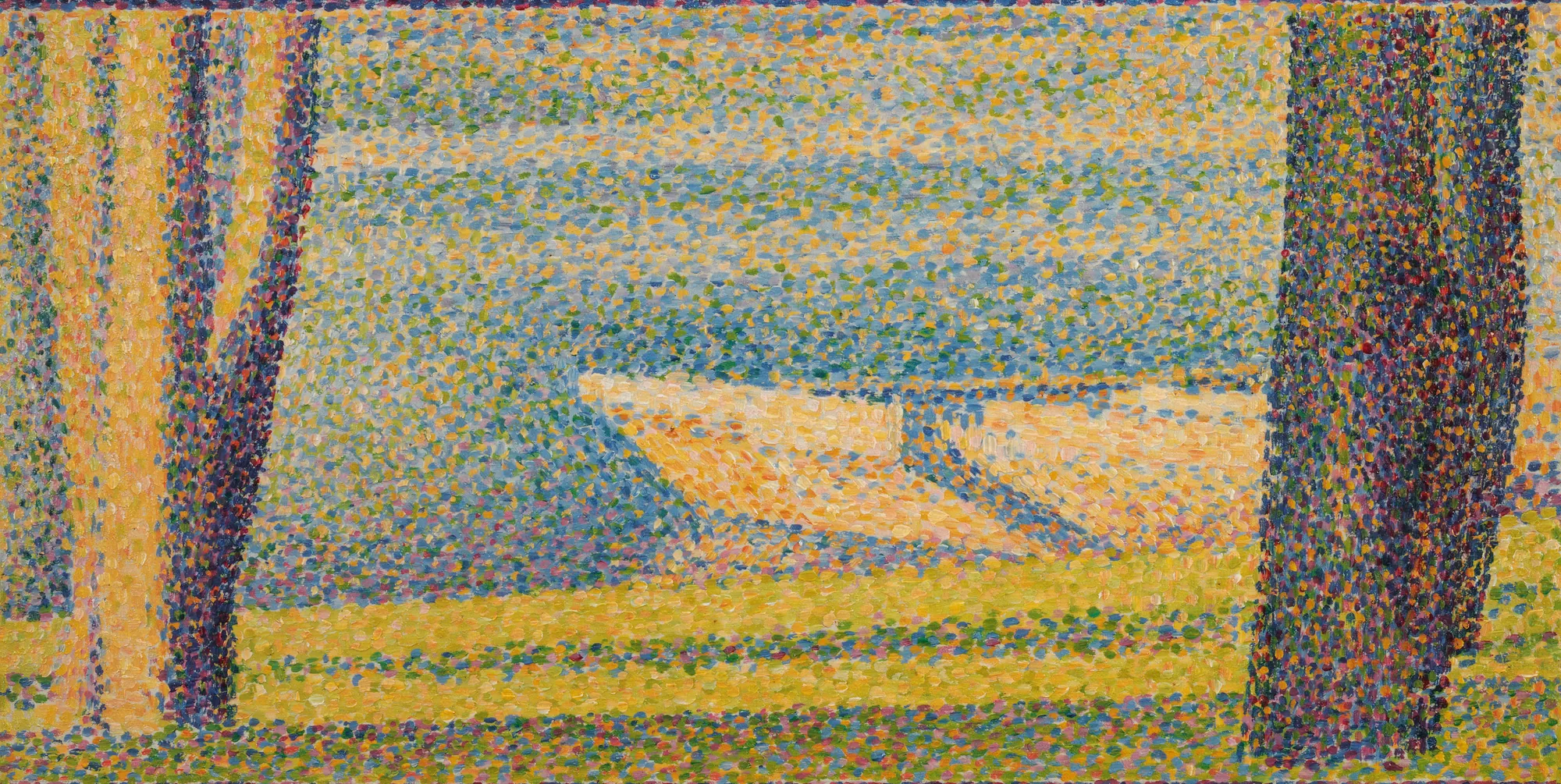 Moored Boats and Trees Moored Boats and Trees by Georges Seurat. A pointillist landscape featuring two framing tree trunks in the foreground looking out over boats moored on a tranquil, sunlit body of water.