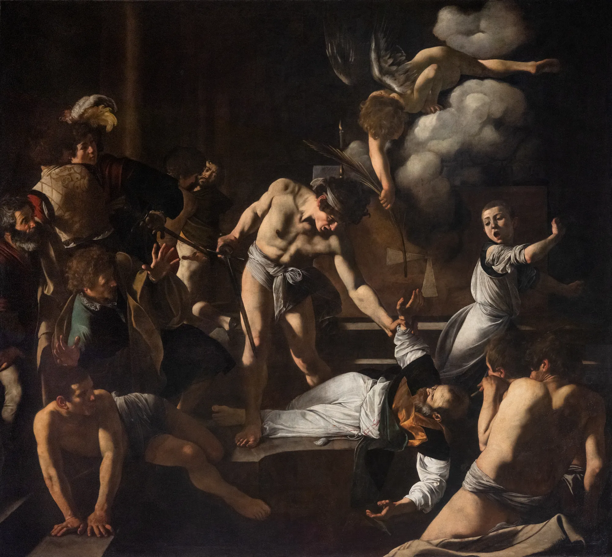 The Martyrdom of Saint Matthew The Martyrdom of Saint Matthew by Caravaggio. A high-drama Baroque painting featuring an executioner standing over the fallen Saint Matthew while a young angel reaches down from a cloud.