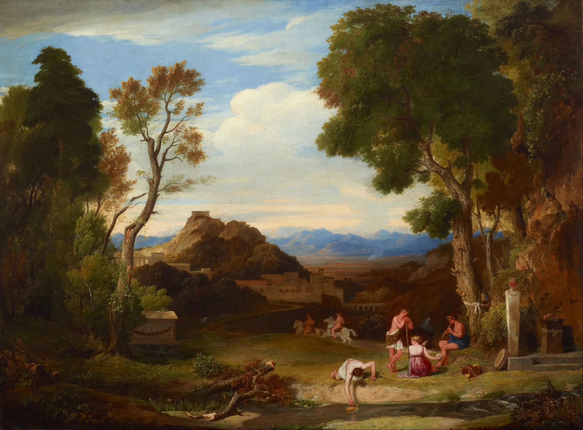An Antique Rural Scene An Antique Rural Scene by Charles Lock Eastlake. A group of figures rests by a stream in a lush classical landscape featuring a distant hilltop fortress and blue mountains.