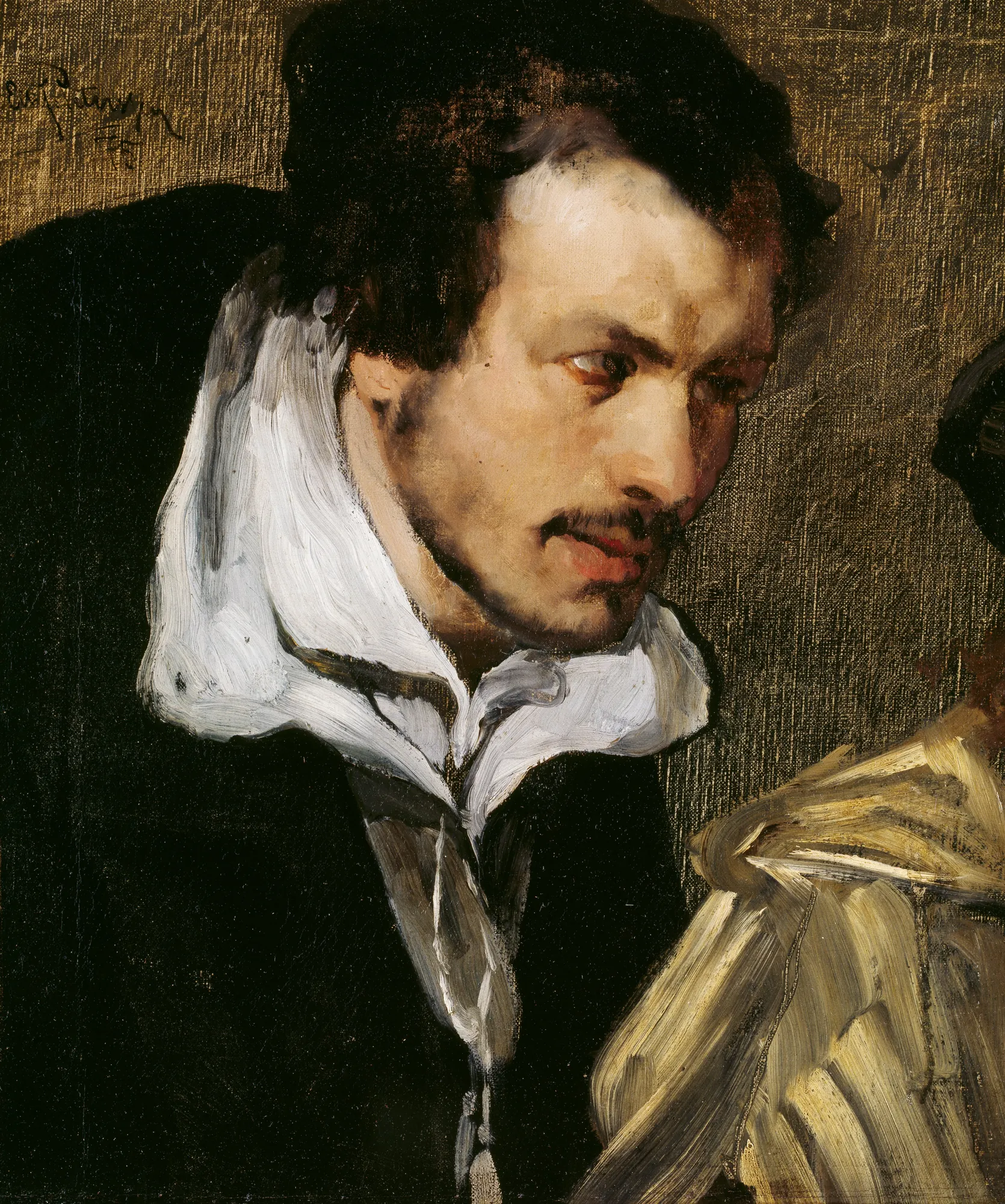 Didrik Slagheck (Portrait Study) Didrik Slagheck (Portrait Study) by Eilif Peterssen. A close-up oil portrait study of a man with a mustache and intense expression, wearing a historical white ruffled collar.