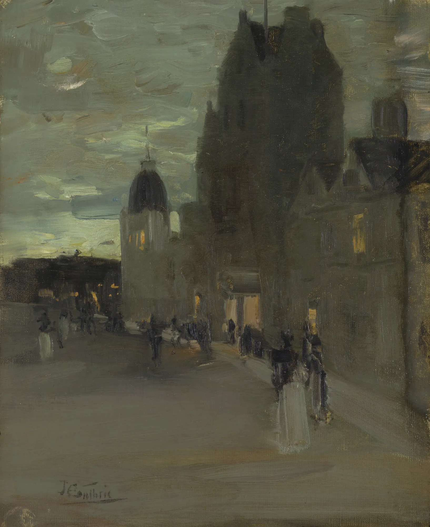 Street in Oban, Night Street in Oban, Night by James Guthrie. A moody nocturnal street scene in Oban featuring figures walking past dark stone buildings under a pale, clouded moonlit sky.