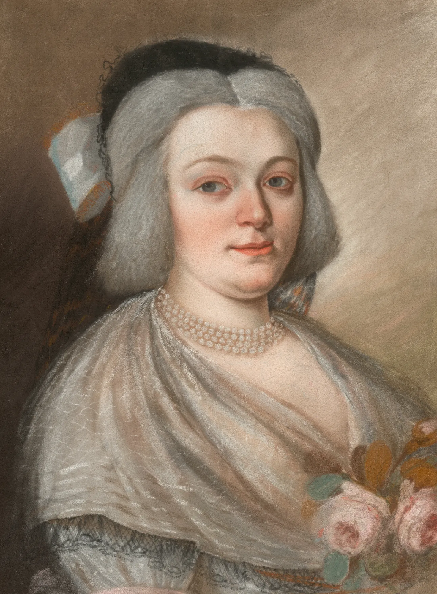 Anna Mária Szirmayová Anna Mária Szirmayová by Jozef Fridrich Wagner. A soft-focus portrait of a woman with powdered hair, wearing a pearl necklace and holding roses.