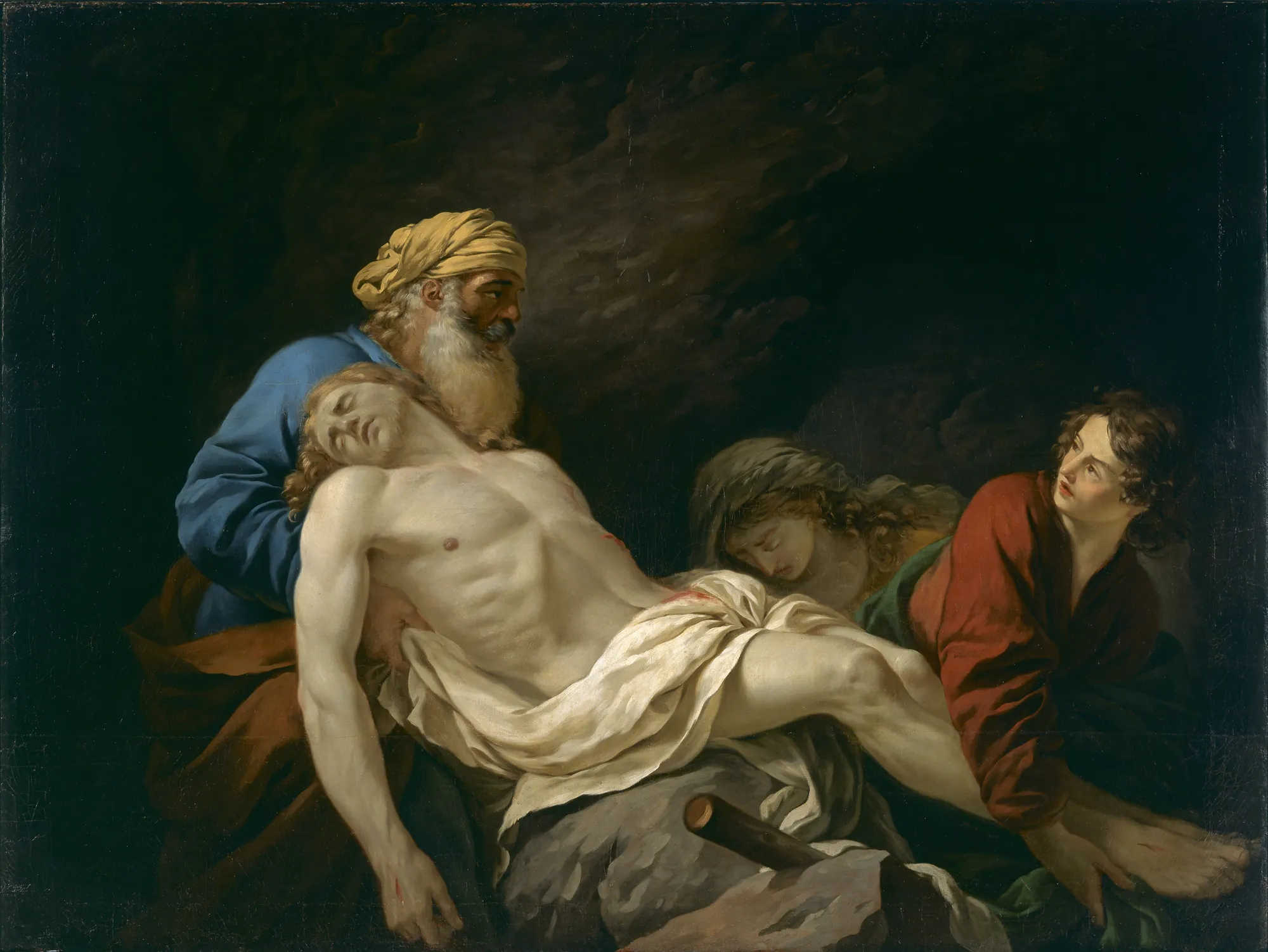 The Entombment of Christ The Entombment of Christ by Jean-Jacques Lagrenée. A somber religious scene showing several figures supporting and mourning over the lifeless body of Christ against a dark, shadowy background.