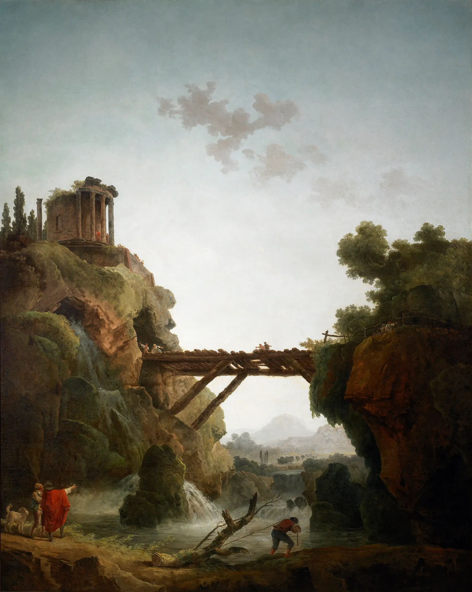 Fantastic View of Tivoli Fantastic View of Tivoli by Hubert Robert. A vertical landscape featuring an ancient circular temple perched on a rocky cliff above a cascading waterfall and a rustic wooden bridge.