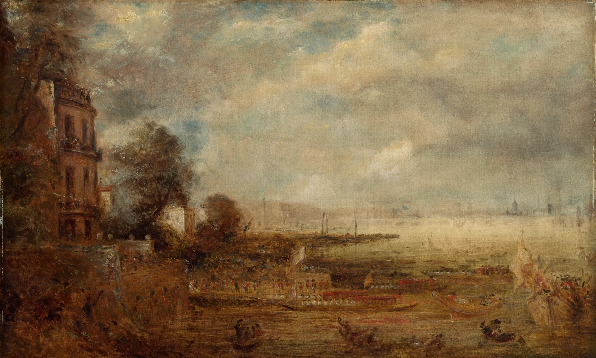 Waterloo Bridge Seen from Whitehall Stairs Waterloo Bridge Seen from Whitehall Stairs by John Constable. An atmospheric landscape painting of the River Thames in London, featuring many small boats and Waterloo Bridge in the distance under a vast, cloud-filled sky.