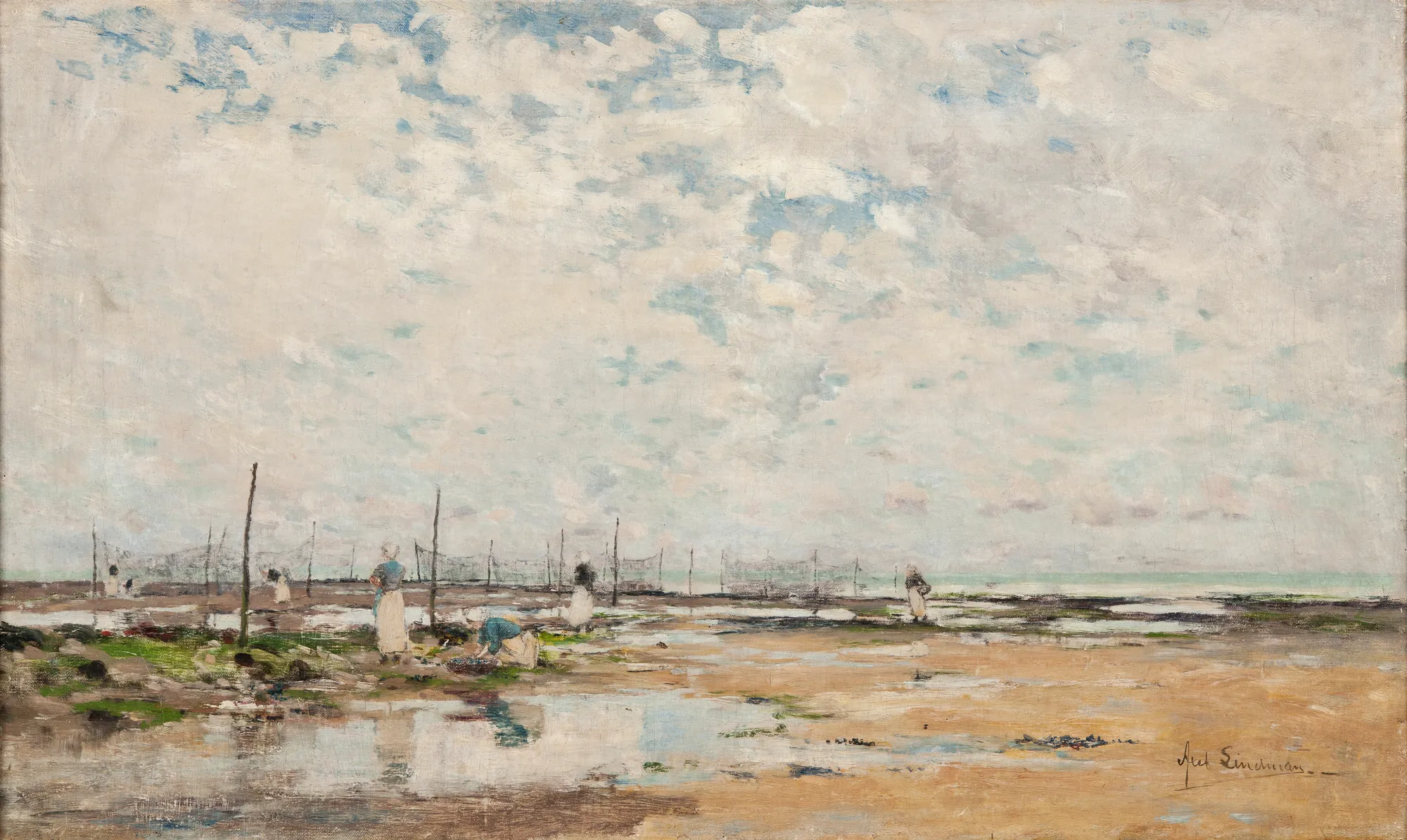 The Beach at Villerville, Normandy The Beach at Villerville, Normandy by Axel Lindman. An impressionistic coastal scene depicting figures working on a wide beach under a vast, cloud-filled sky.