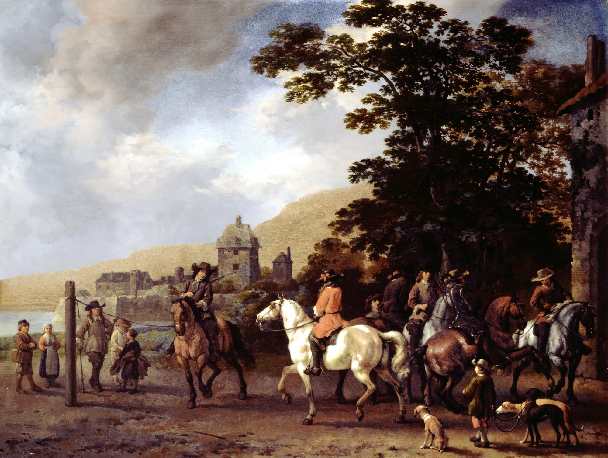 A Riding School in the Open Air A Riding School in the Open Air by Abraham van Calraet. An outdoor scene depicts several figures on horseback and standing near a large tree and a distant tower under a cloudy sky.