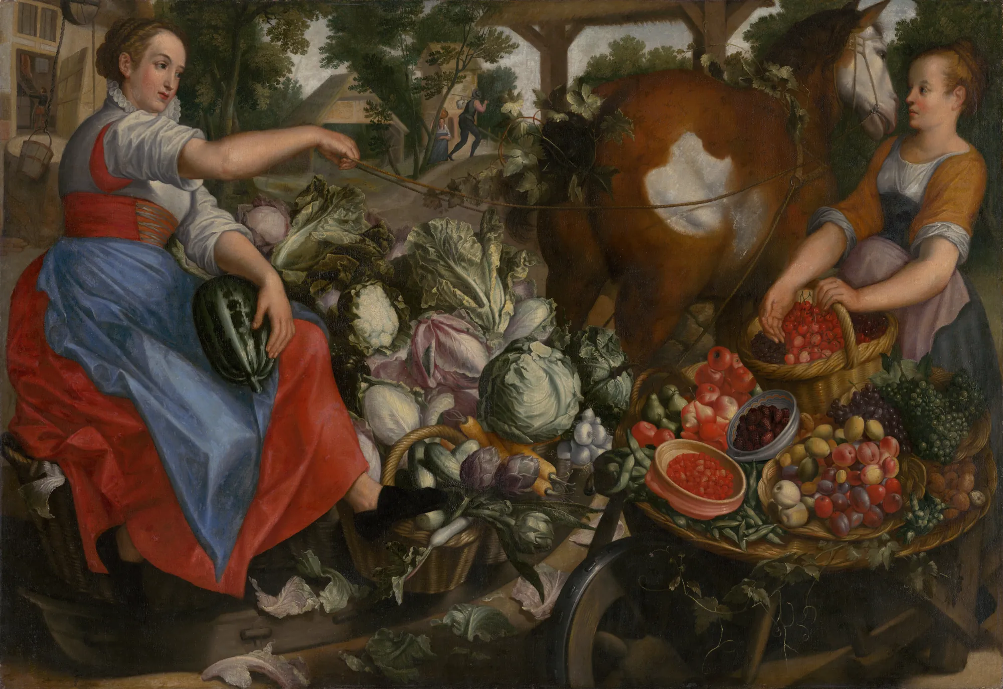 Women with Vegetables Women with Vegetables by Joachim Beuckelaer. Two women are depicted in a bustling market scene surrounded by an abundant harvest of cabbages, fruits, and assorted vegetables, with a horse standing nearby.