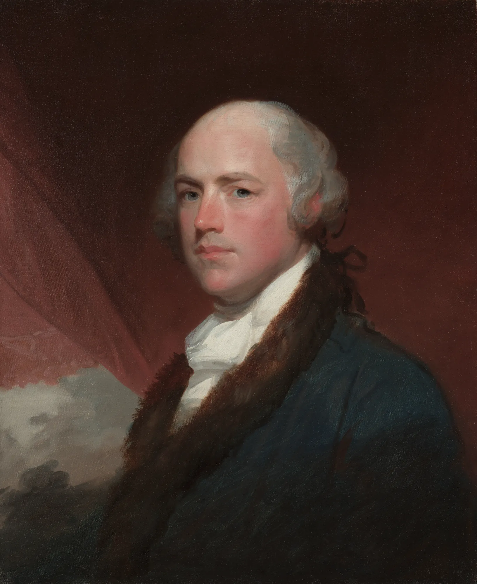 Wilson Cary Nicholas Wilson Cary Nicholas by Gilbert Stuart. A dignified oil portrait of a man with receding grey hair, wearing a white cravat and a dark blue coat with a heavy fur collar against a deep reddish-brown background.