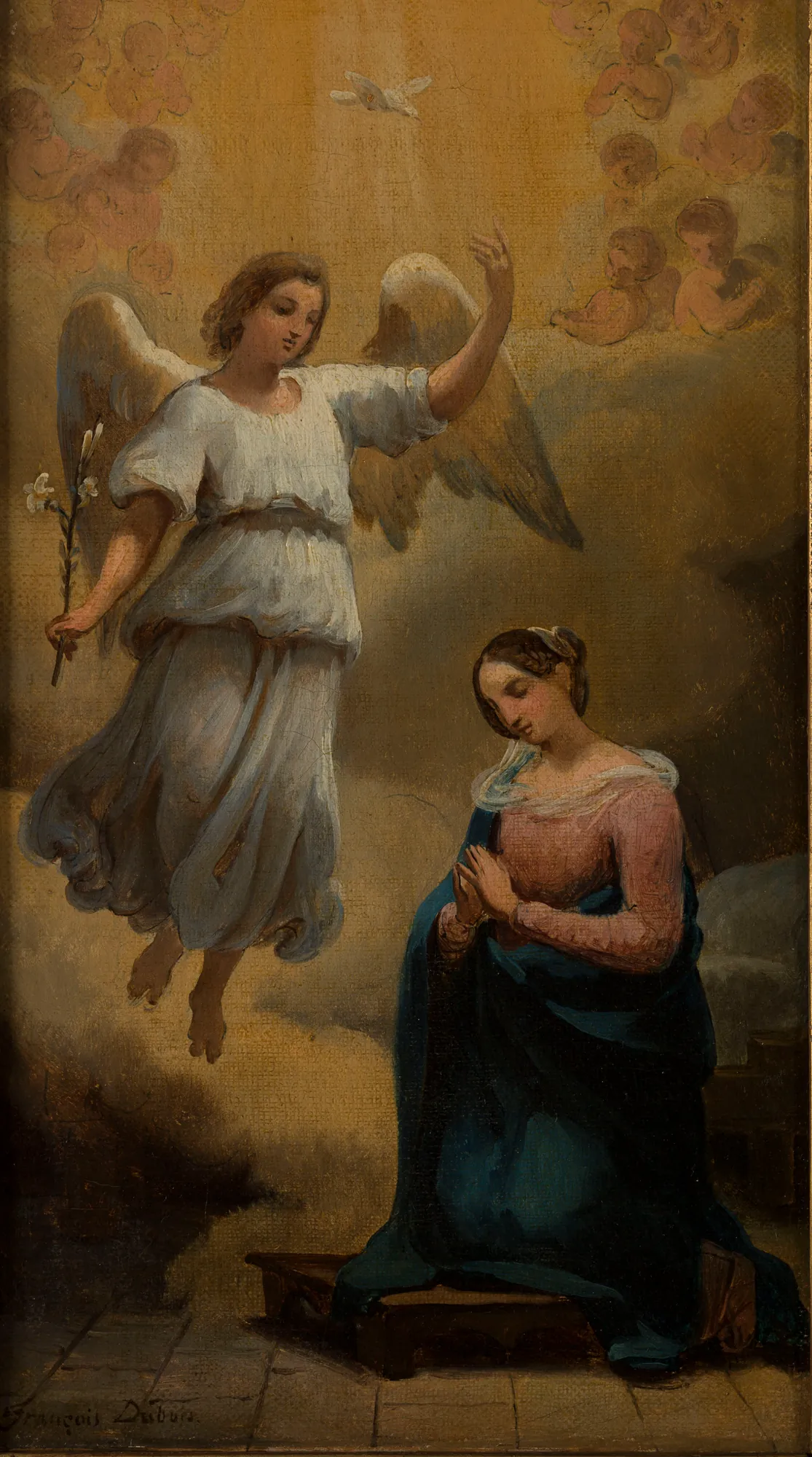 The Annunciation The Annunciation by François Dubois. A 19th-century oil sketch of the Annunciation, featuring the Archangel Gabriel appearing to Mary with a backdrop of clouds and cherubs.
