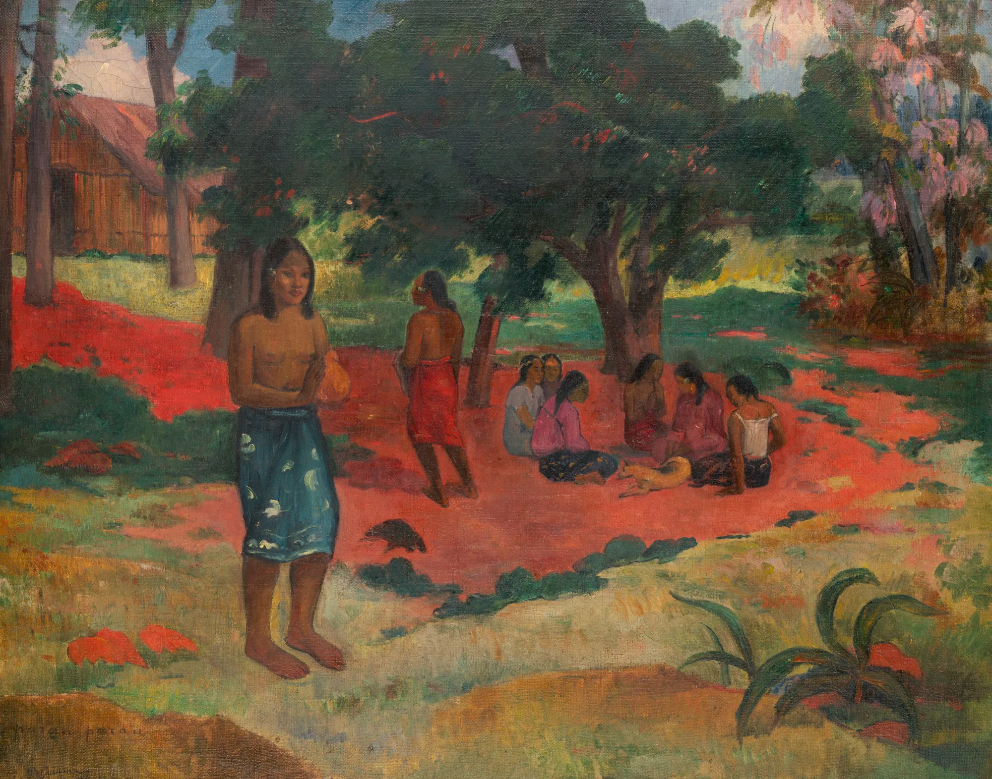 Parau Parau (Whispered Words) Parau Parau (Whispered Words) by Paul Gauguin. A group of Tahitian women are depicted in a lush landscape, with several figures seated in a circle on a vibrant red earth clearing while others stand nearby.