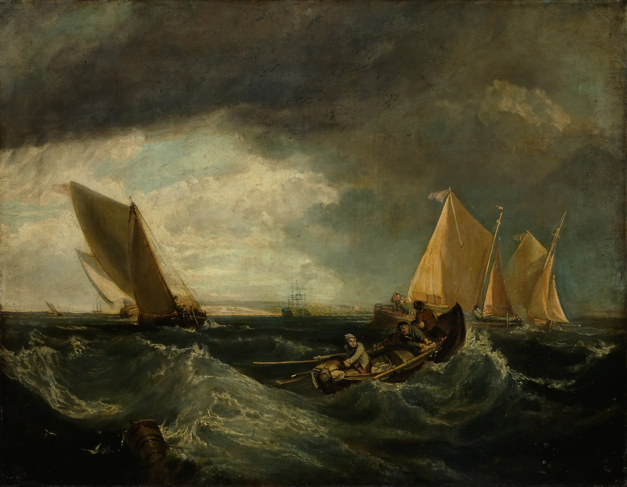Sheerness and the Isle of Sheppey Sheerness and the Isle of Sheppey by Augustus Wall Callcott. A dramatic marine oil painting showing several sailing ships and a rowing boat in a turbulent, dark sea under a storm-filled sky.