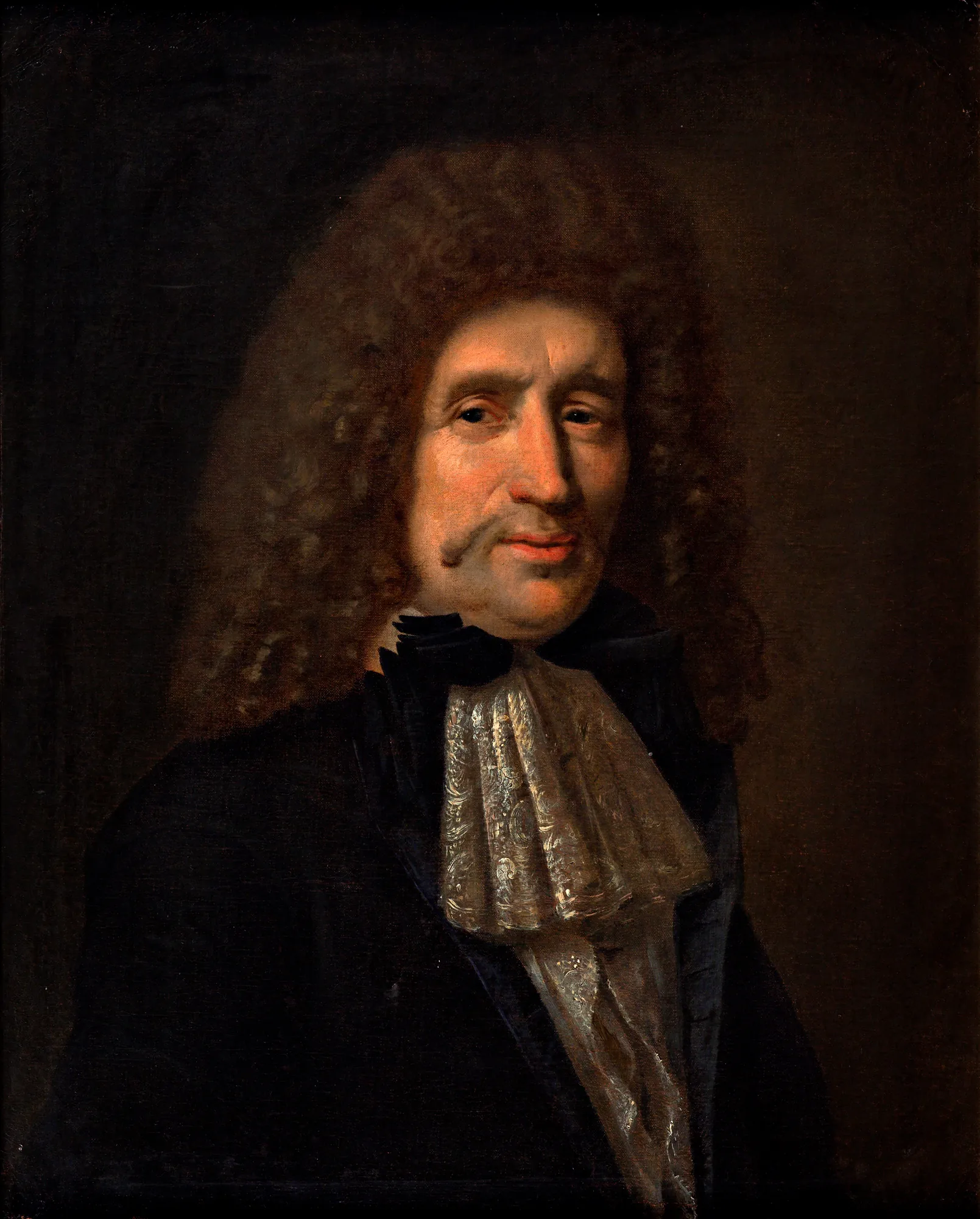 Portrait of a Man Portrait of a Man by Unknown Artist. A three-quarter portrait of a man with a large brown wig and an ornate lace cravat against a dark background.