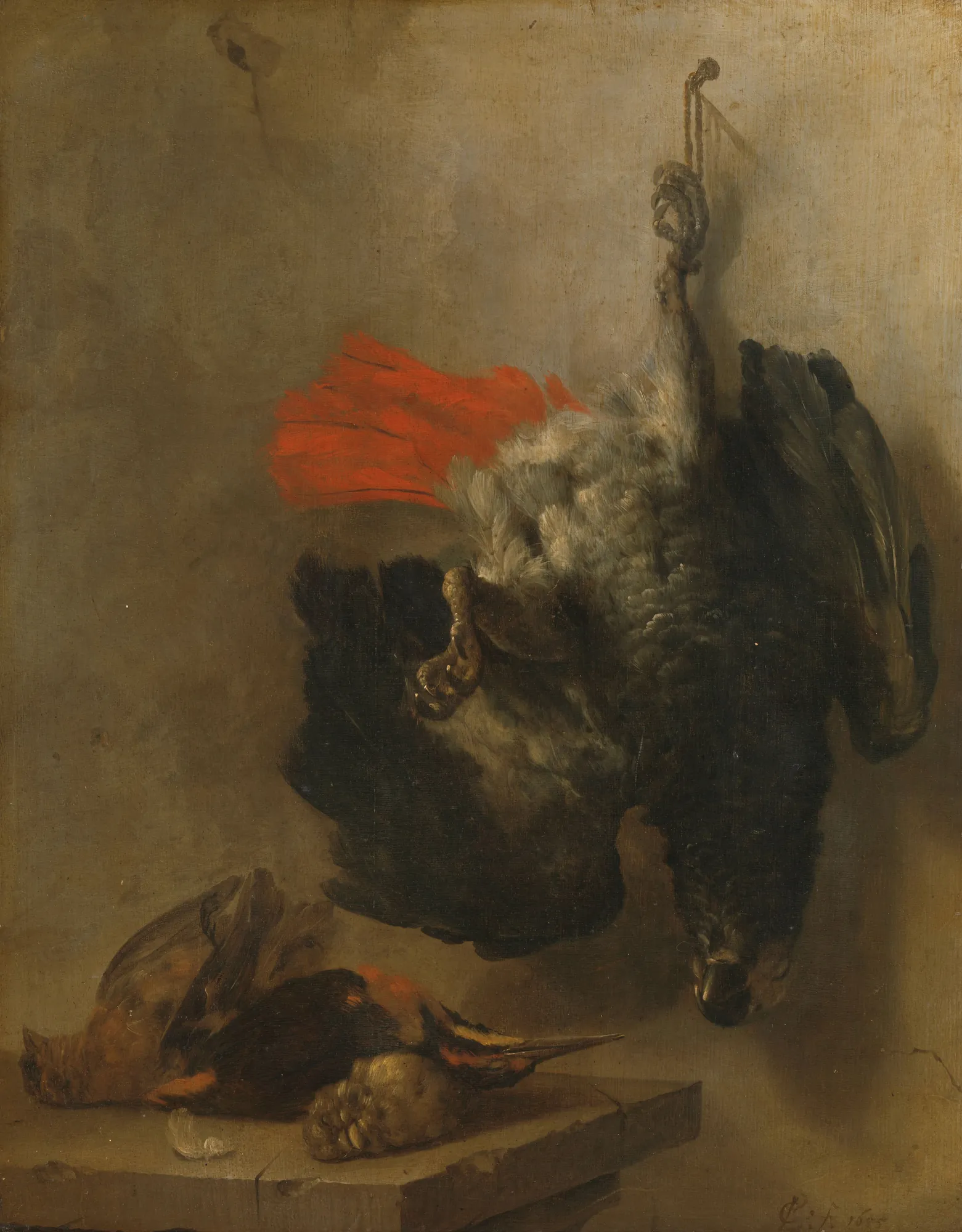 Still Life with Parrot and Snipes Still Life with Parrot and Snipes by Cornelis Lelienbergh. A 17th-century oil painting of a parrot hanging by its foot next to two snipes resting on a stone ledge.