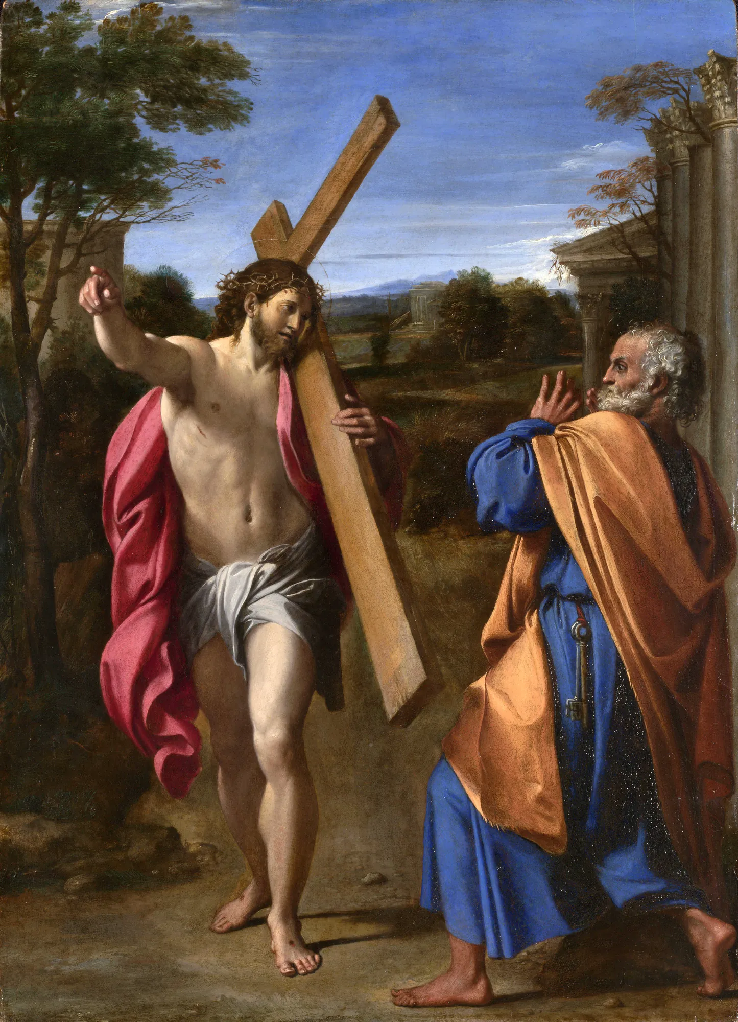 Domine Quo Vadis? Domine Quo Vadis? by Annibale Carracci. Jesus Christ carrying his cross encounters Saint Peter on a rural road outside of ancient Rome.