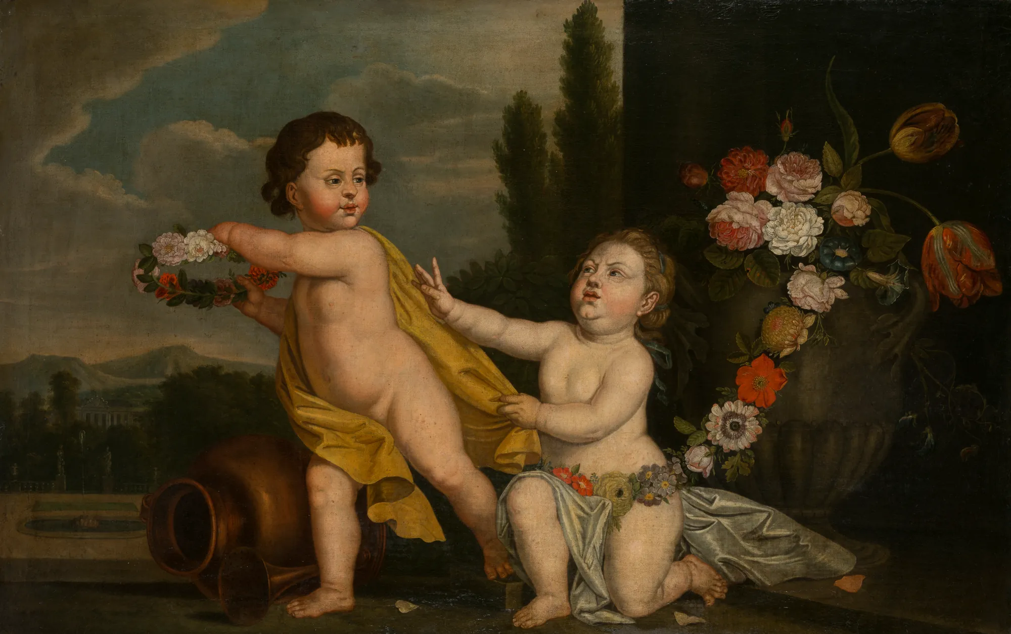 Two Putti with Garlands of Flowers