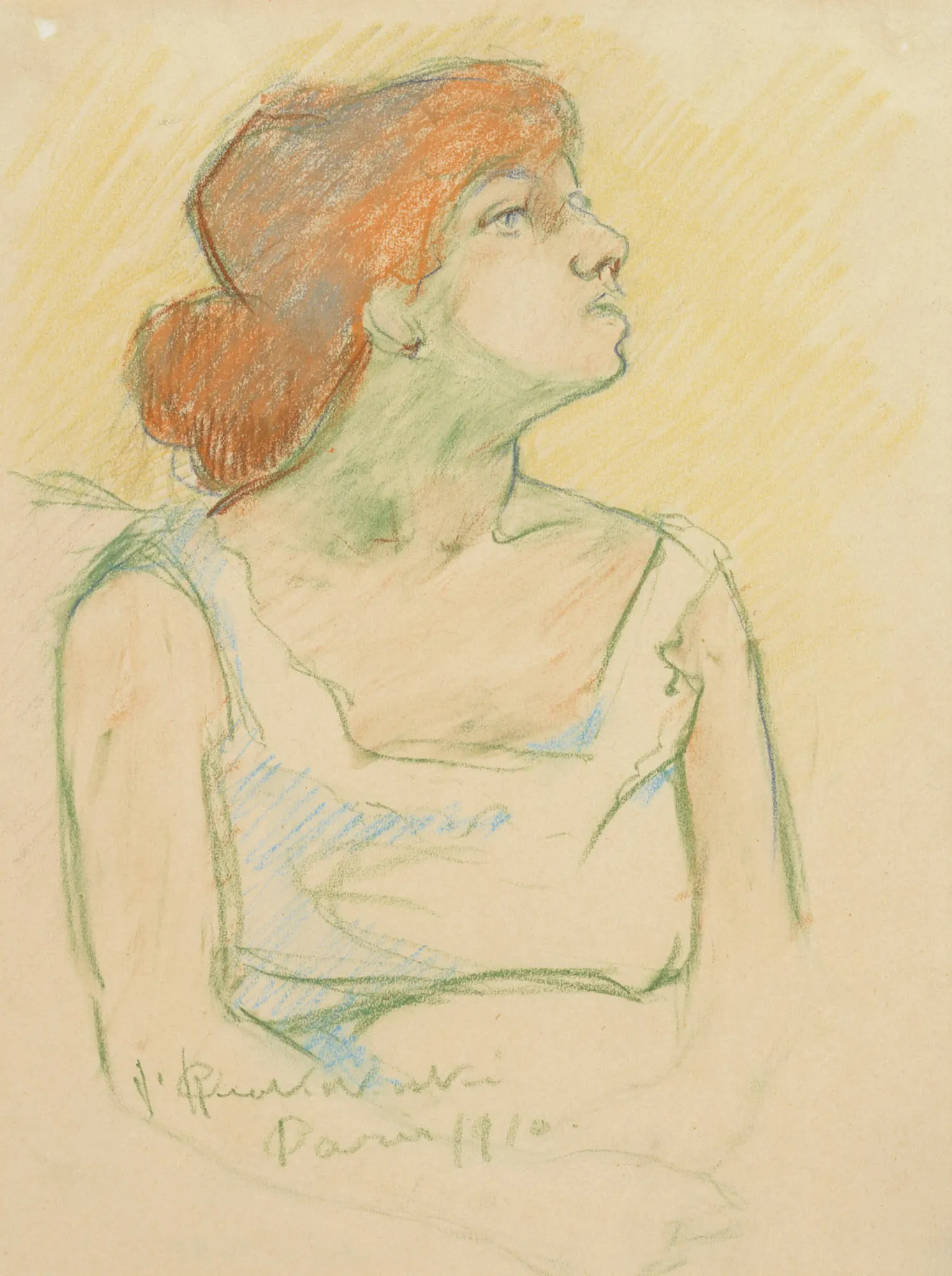 Red Haired Parisian Girl Red Haired Parisian Girl by Jalmari Ruokokoski. A profile portrait sketch of a young woman with vibrant red hair looking upward, rendered in light-colored chalk or pastels.