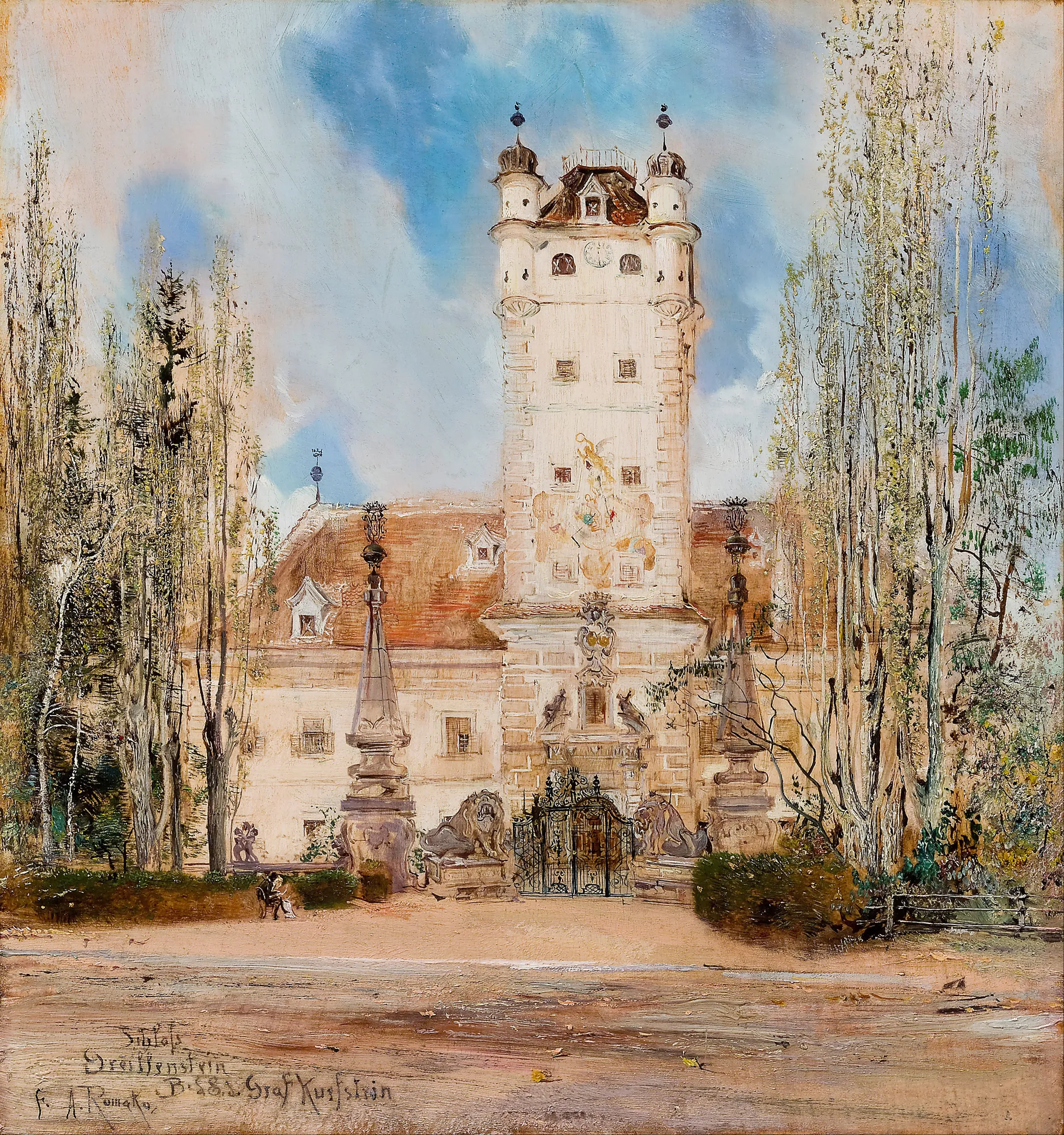 Greillenstein Castle Greillenstein Castle by Anton Romako. A painting of the imposing central tower and facade of a white baroque castle, framed by tall trees and an ornate gate.