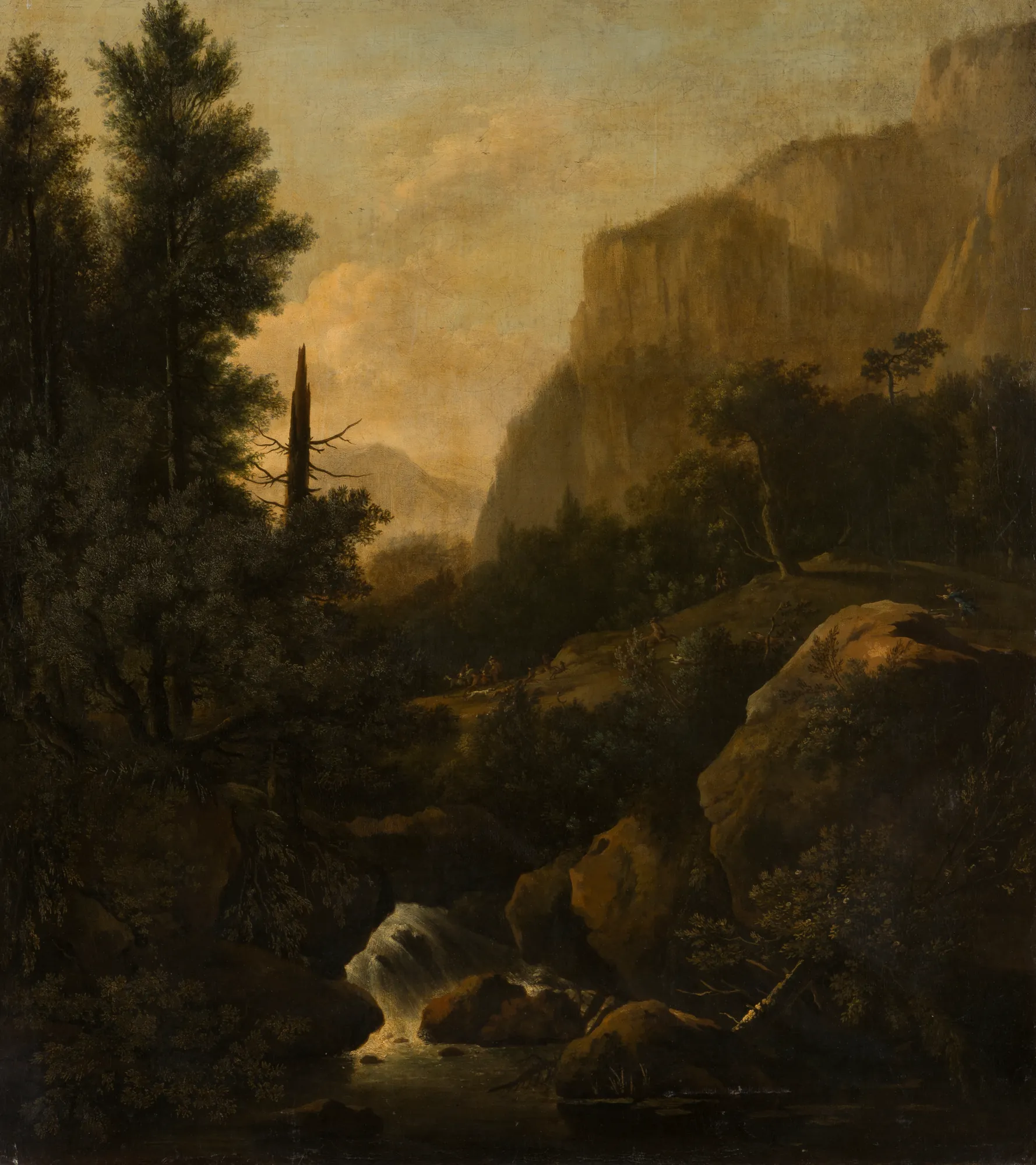 Mountain Landscape with Deer Hunt at a Waterfall