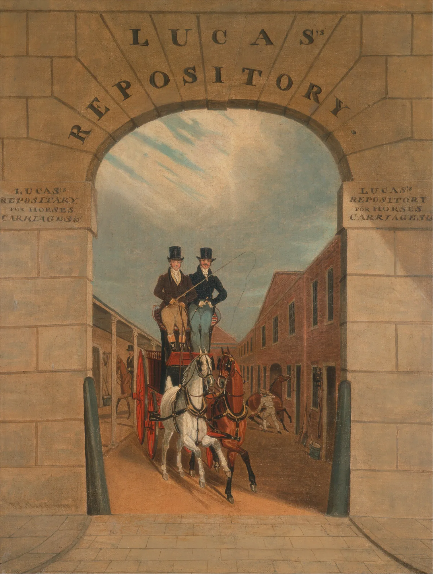 Schooling a Pair in a Brake at Lucas's Yard Schooling a Pair in a Brake at Lucas's Yard by James Pollard. Two men in top hats drive a horse-drawn carriage through a large stone archway into a brick courtyard.