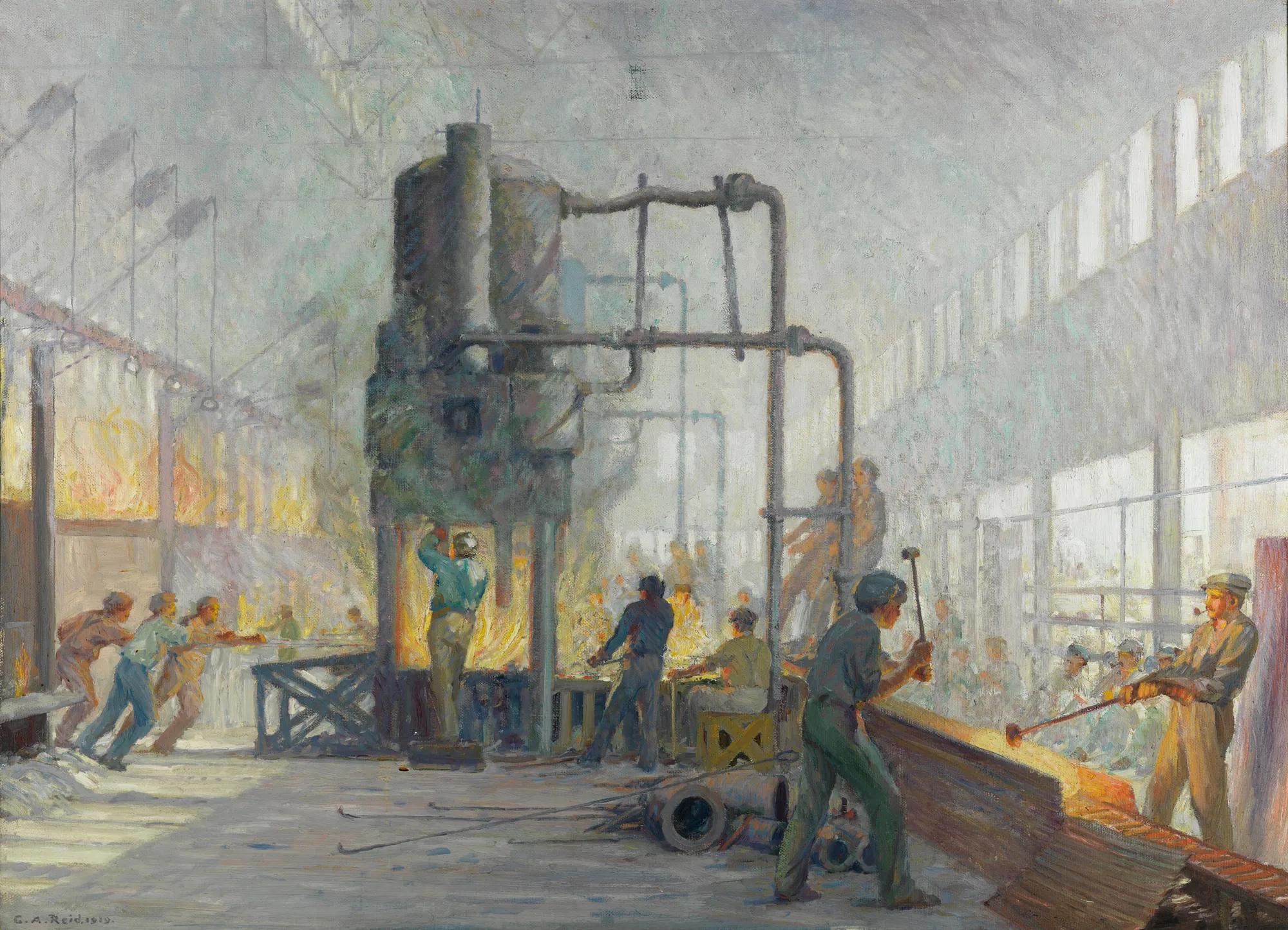 Forging 6-inch Shells Forging 6-inch Shells by George Agnew Reid. An industrial scene depicting workers in a large factory engaged in forging artillery shells amidst glowing furnaces.