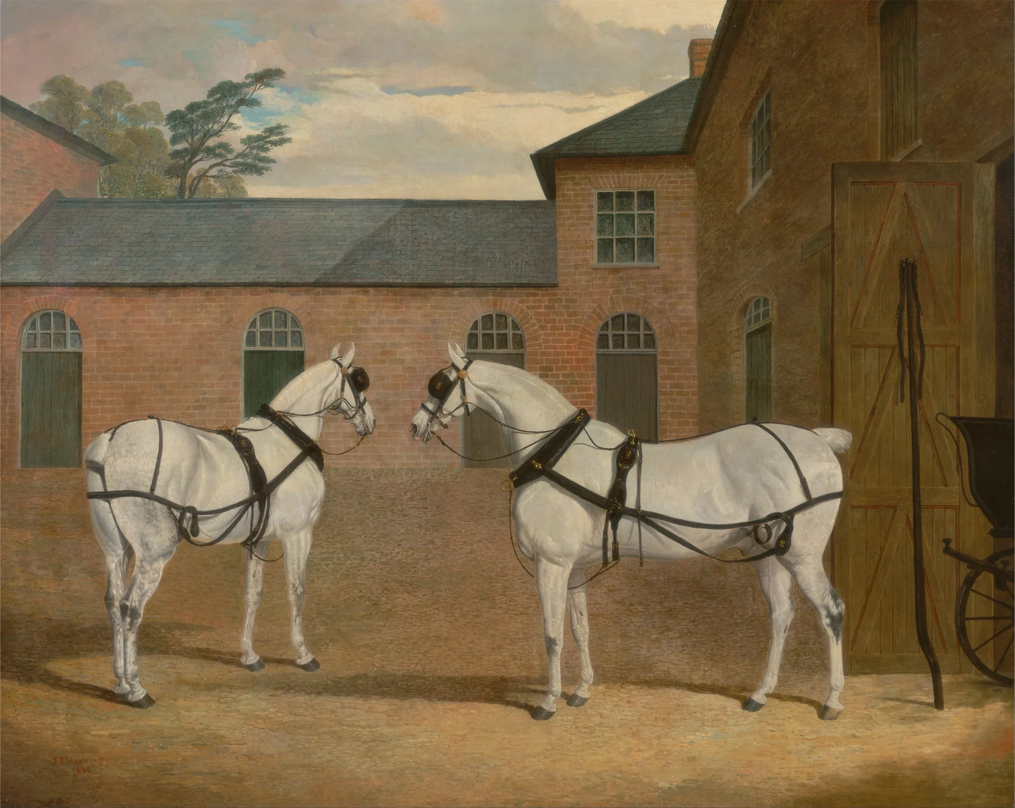 Grey Carriage Horses at Putteridge Bury Grey Carriage Horses at Putteridge Bury by John Frederick Herring, Sr.. Two harnessed grey carriage horses stand facing each other in a brick-walled coachyard under a soft, cloudy sky.