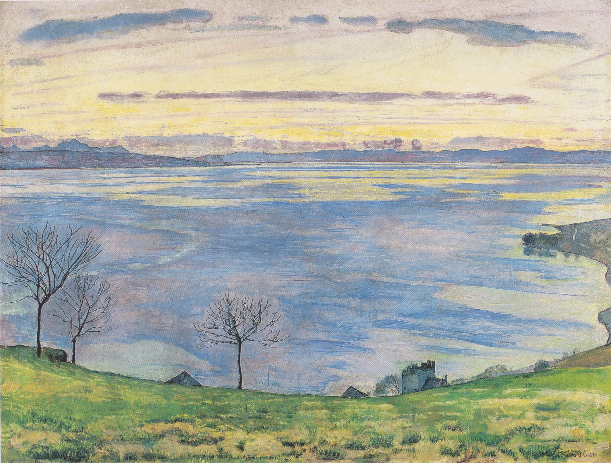 Lake Geneva in the Evening from Chexbres Lake Geneva in the Evening from Chexbres by Ferdinand Hodler. A wide, panoramic view of a blue lake at twilight seen from a grassy hillside with a few slender, bare trees.