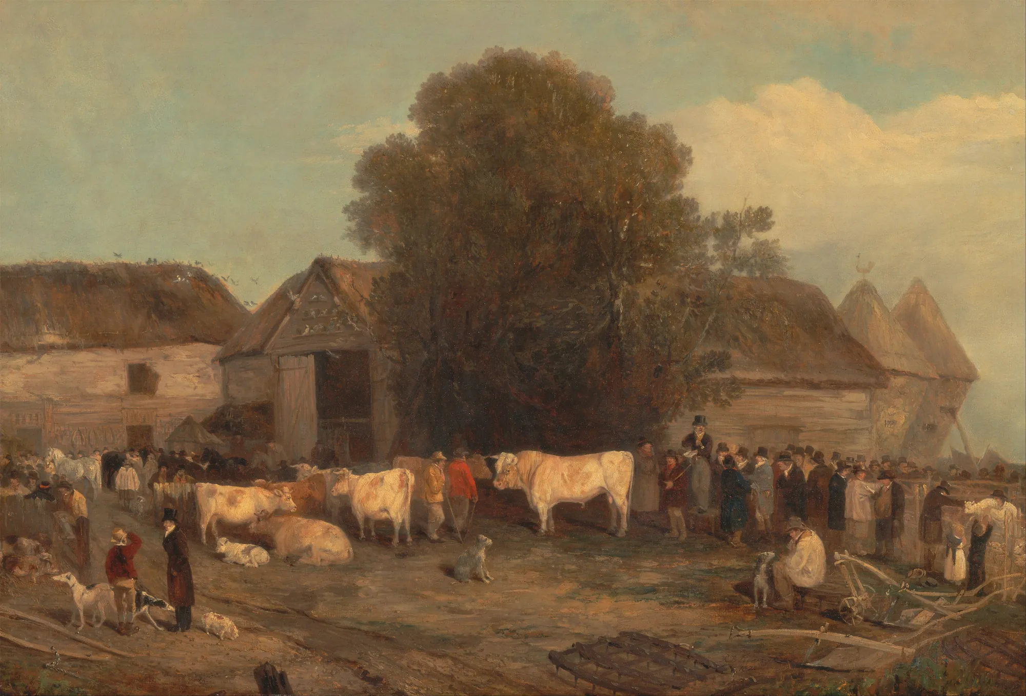 The Farm Sale The Farm Sale by Richard Barrett Davis. A crowded scene at a farm auction featuring groups of men in 19th-century attire examining cattle in front of thatched barns.