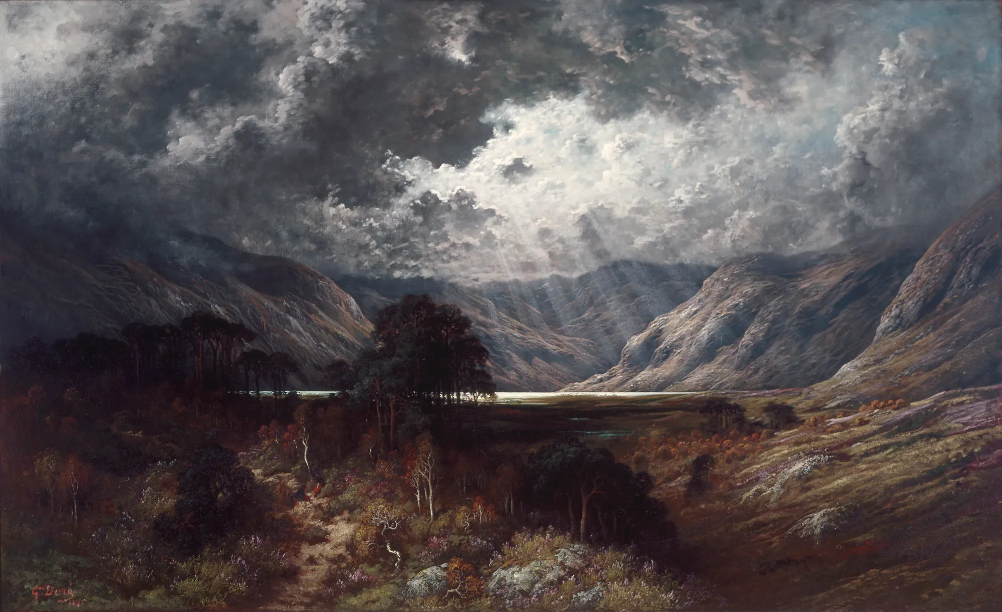 Loch Lomond Loch Lomond by Gustave Doré. A dramatic landscape depicting Loch Lomond beneath a heavy, dark sky with shafts of light breaking through the clouds to illuminate the valley.