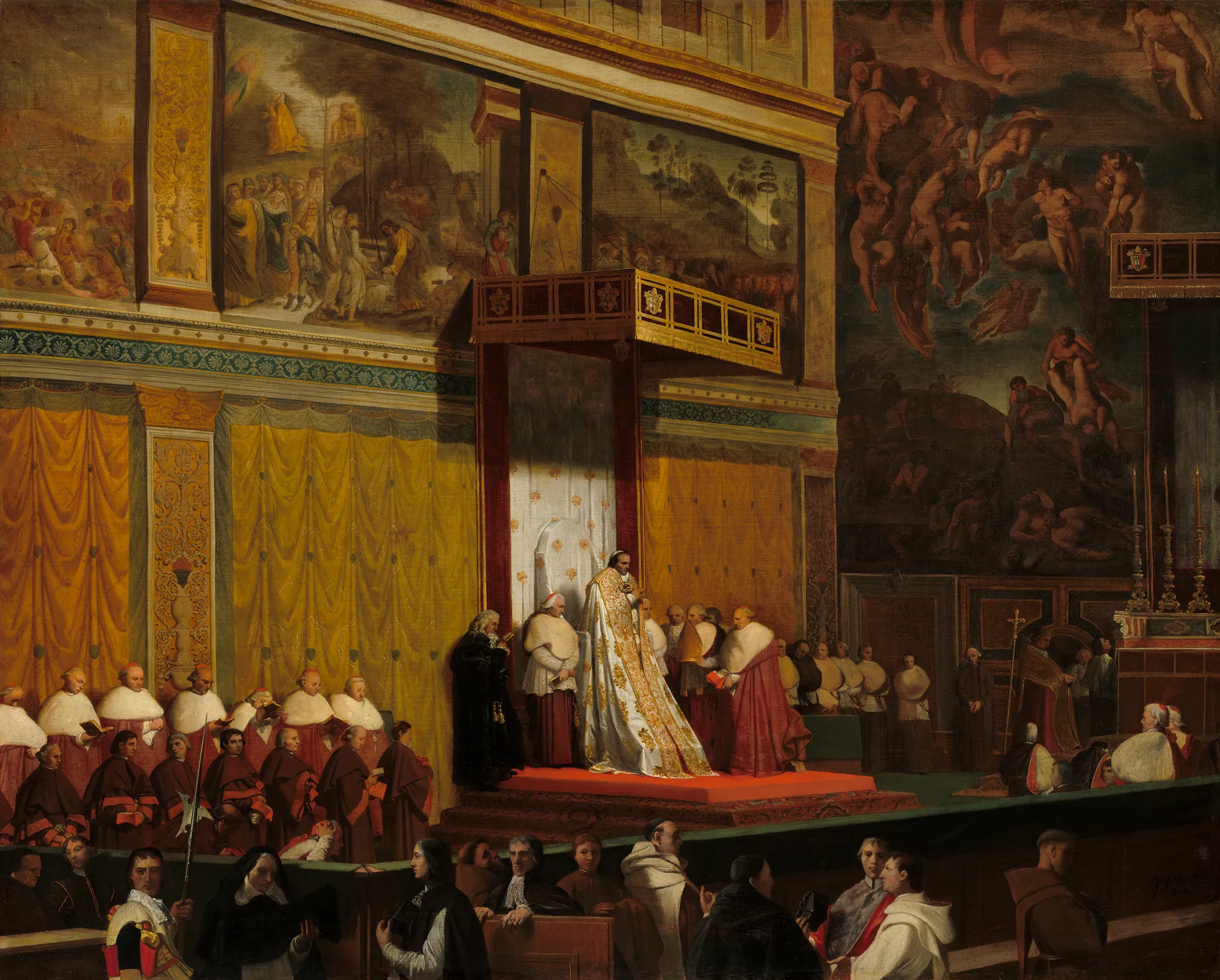 Pope Pius VII in the Sistine Chapel Pope Pius VII in the Sistine Chapel by Jean-Auguste-Dominique Ingres. An intricate painting depicting Pope Pius VII seated on a throne within the Sistine Chapel, surrounded by cardinals and officials amidst Michelangelo's frescoes.