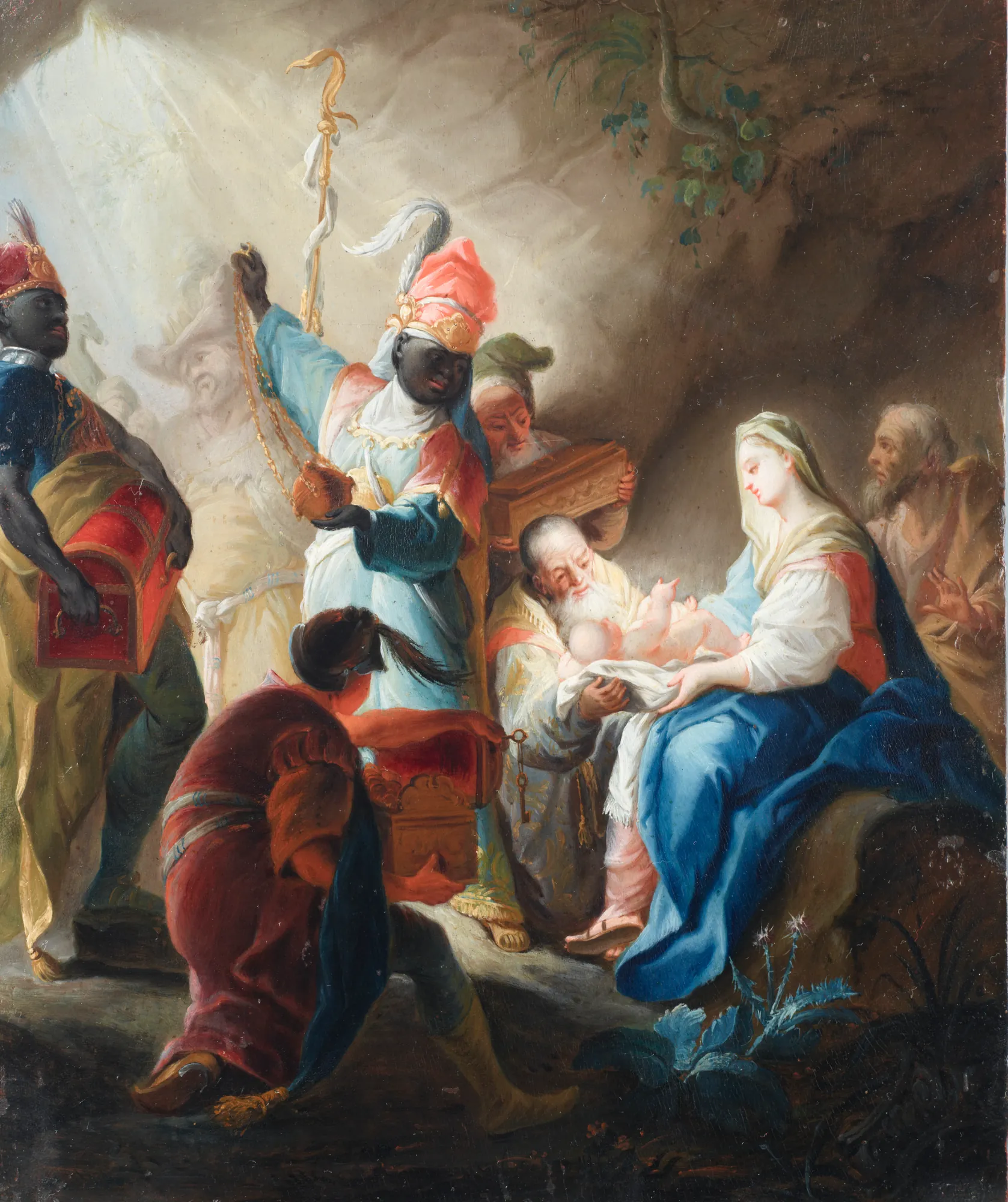 The Adoration of the Magi The Adoration of the Magi by Unknown Artist. An 18th-century oil painting on panel depicting the biblical scene of the Three Kings presenting gifts to the infant Jesus and the Virgin Mary in a dramatic, cave-like setting.